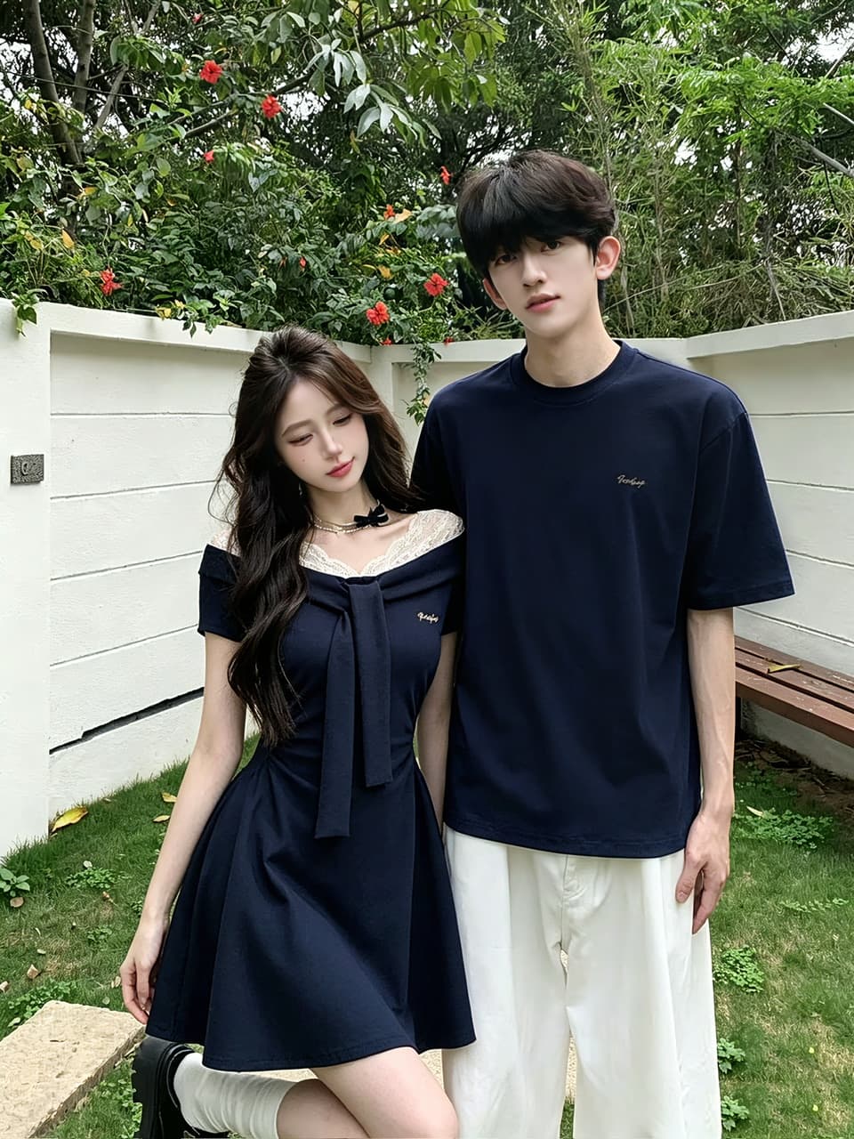 실사 학원 스타일 레이스 오프숄더 블루 색상 여성 드레스 여름 꼬집기 허리 슬림해 보이는 캐주얼 치마 커플룩 상세 이미지 4