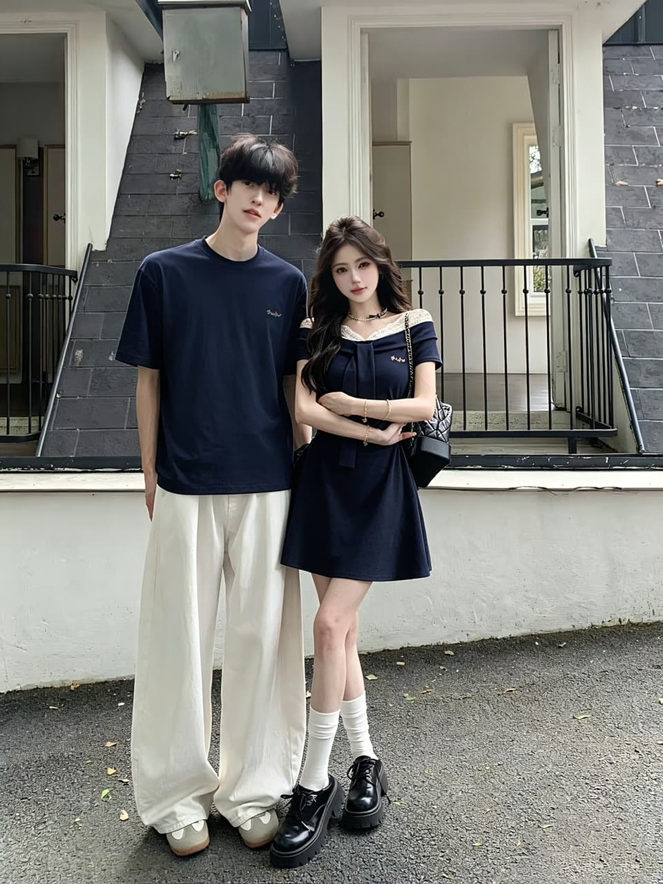 실사 학원 스타일 레이스 오프숄더 블루 색상 여성 드레스 여름 꼬집기 허리 슬림해 보이는 캐주얼 치마 커플룩 상세 이미지 6