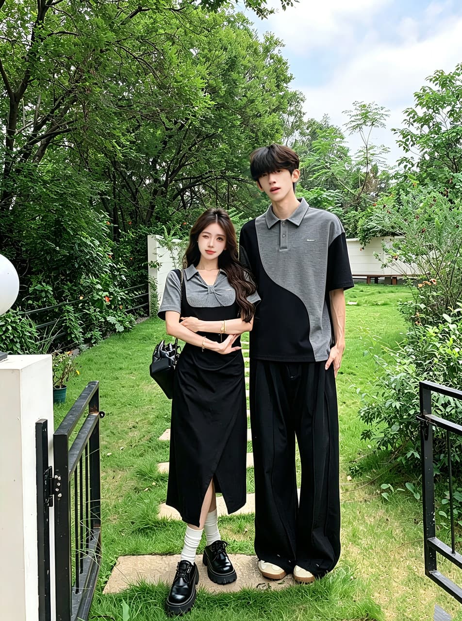 실사 프랑스식 polo 허리 수축 여성 드레스 검정색 페이크 레이어드 멜빵 트임 롱 스커트 커플룩