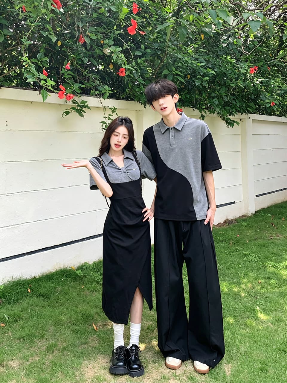 실사 프랑스식 polo 허리 수축 여성 드레스 검정색 페이크 레이어드 멜빵 트임 롱 스커트 커플룩 이미지 2