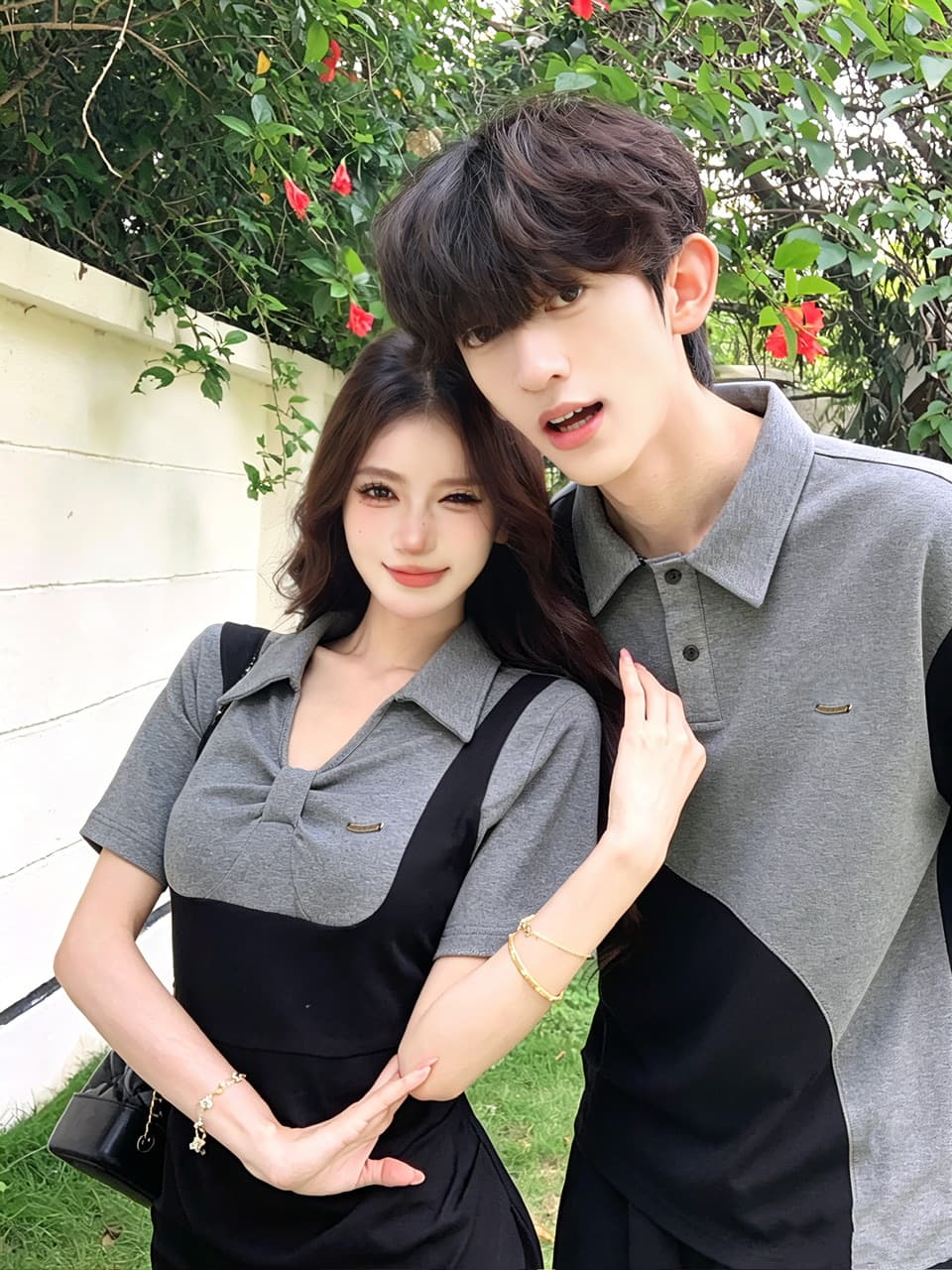 실사 프랑스식 polo 허리 수축 여성 드레스 검정색 페이크 레이어드 멜빵 트임 롱 스커트 커플룩 이미지 4
