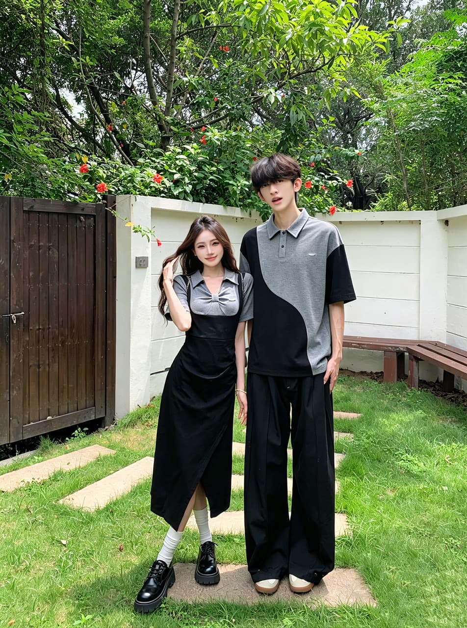 실사 프랑스식 polo 허리 수축 여성 드레스 검정색 페이크 레이어드 멜빵 트임 롱 스커트 커플룩 이미지 3