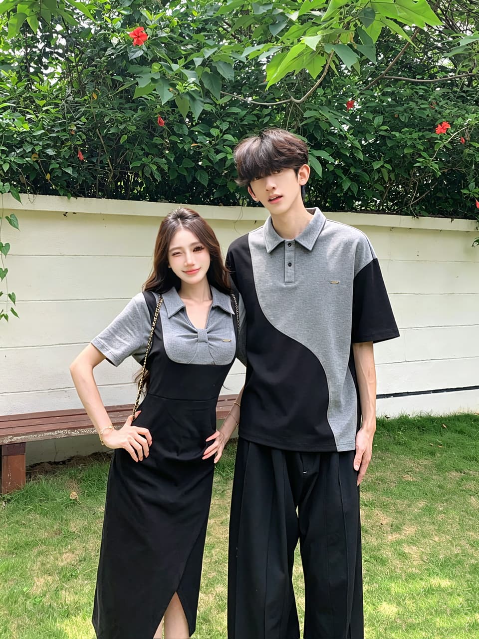 실사 프랑스식 polo 허리 수축 여성 드레스 검정색 페이크 레이어드 멜빵 트임 롱 스커트 커플룩 상세 이미지 4