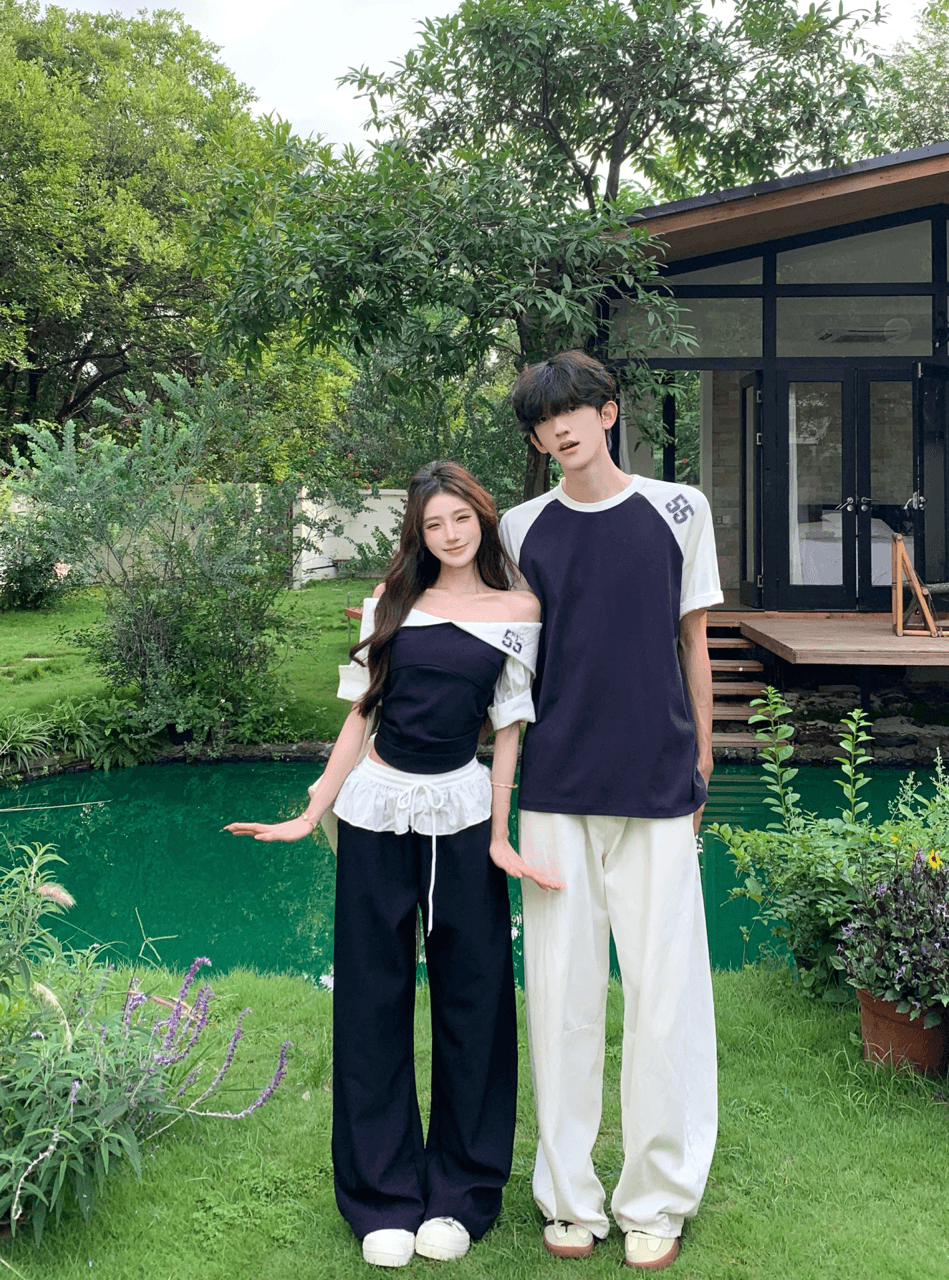 실사 오프숄더 반팔 티셔츠 여성 여름 몸매 가꾸기 핫걸 패치워크 쇼트 스타일 오프숄더 투피스 세트 커플룩