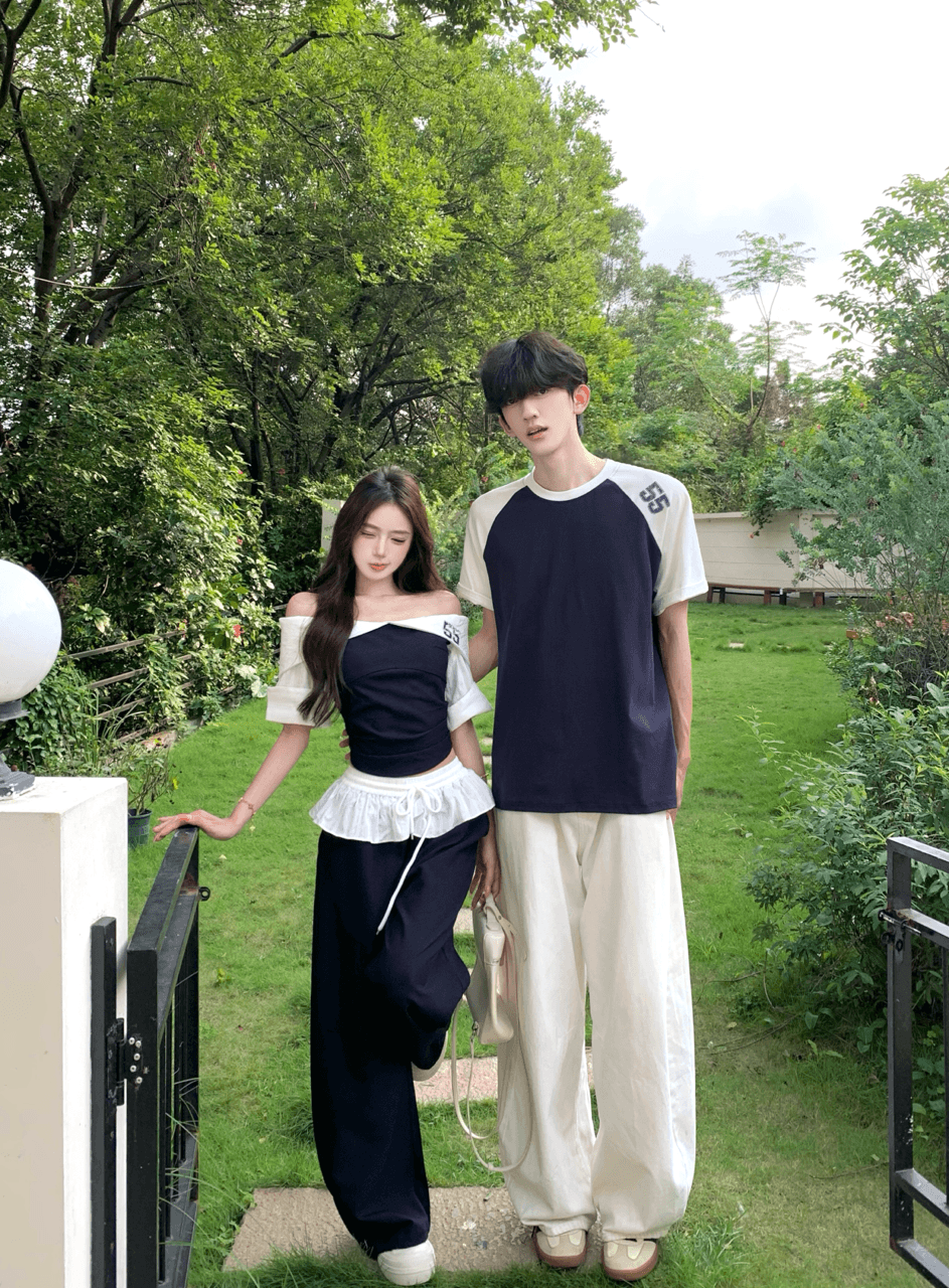 실사 오프숄더 반팔 티셔츠 여성 여름 몸매 가꾸기 핫걸 패치워크 쇼트 스타일 오프숄더 투피스 세트 커플룩 상세 이미지 4