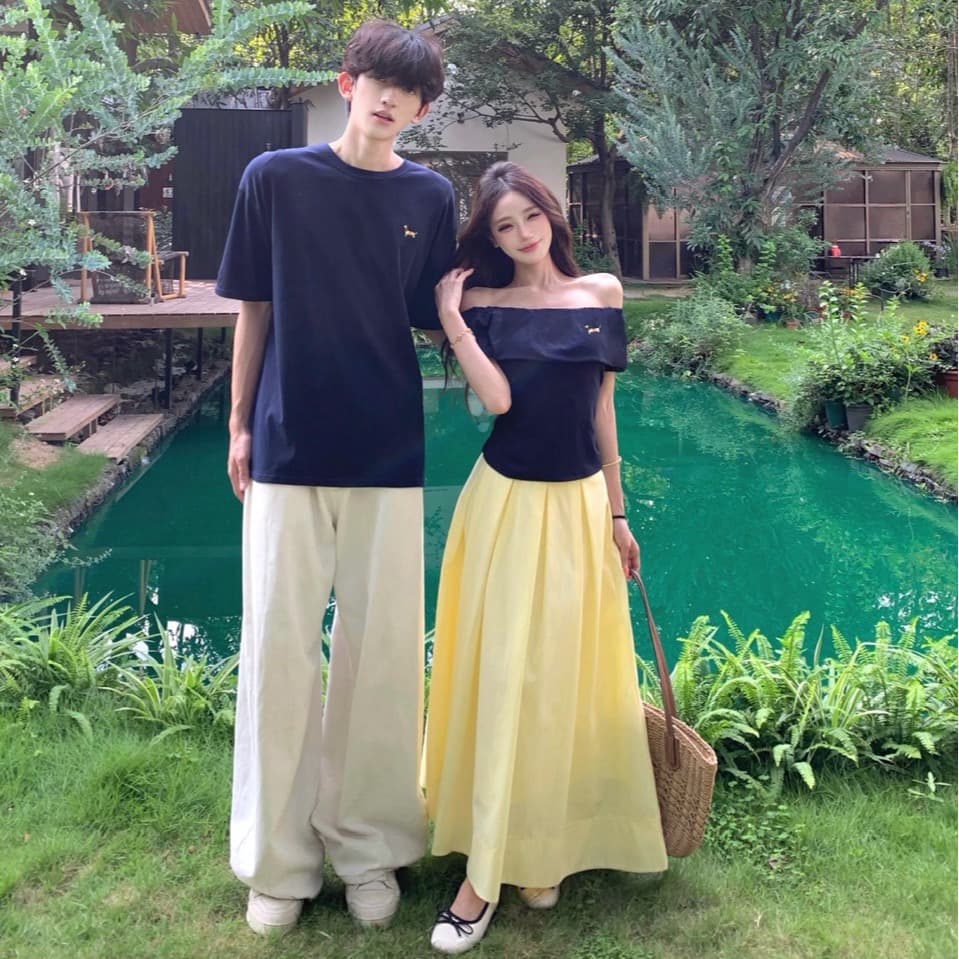 실사 청 순수한 시스템 여름 여성 오프숄더 반팔 티셔츠 하이웨이스트 한 마디 반신 스커트 투피스 세트 커플룩 이미지 5