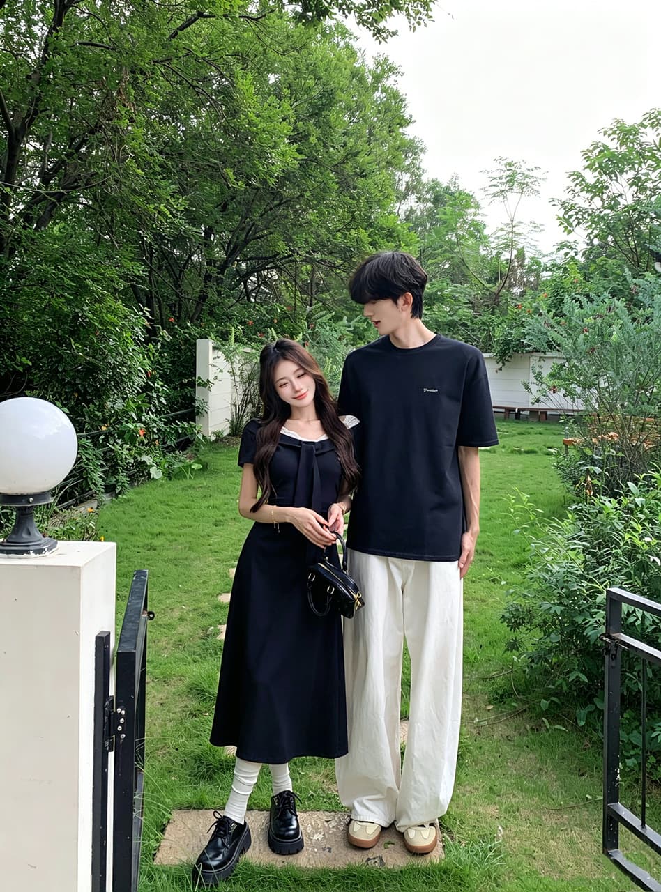실사 프랑스식 V넥 레이스 레이스업 페이크 레이어드 여성 드레스 여름 롱 스커트 커플룩 이미지 2