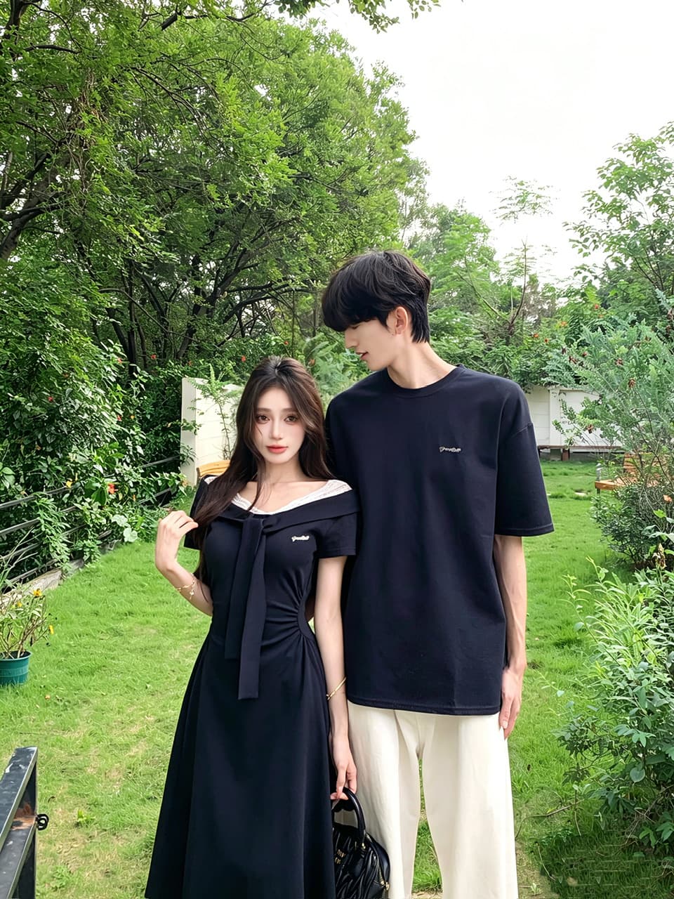 실사 프랑스식 V넥 레이스 레이스업 페이크 레이어드 여성 드레스 여름 롱 스커트 커플룩 상세 이미지 3