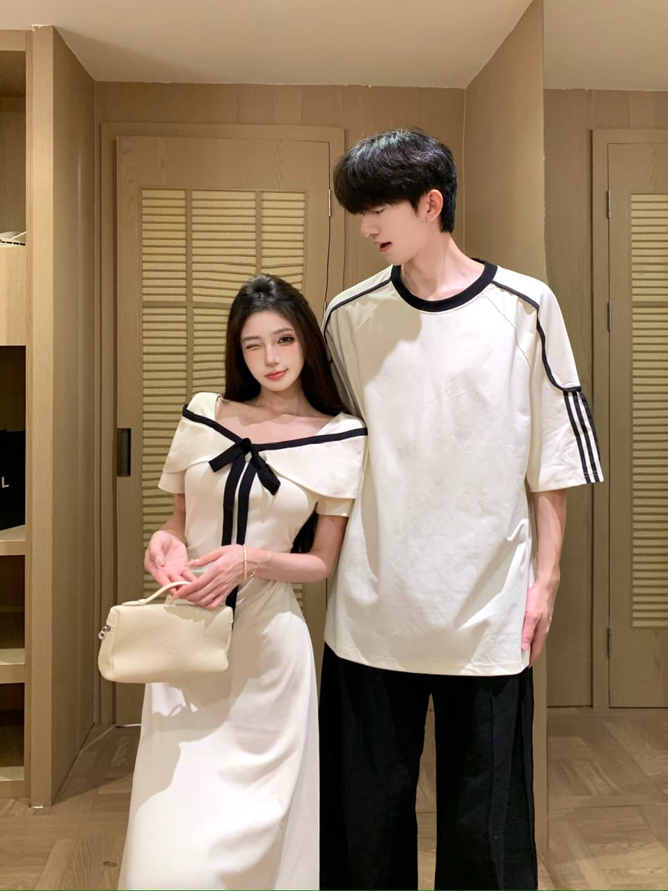 실사 프랑스식 품격 살구 색상 여성 드레스 여름 나비 매듭 허리 수축 한 마디 롱 스커트 커플룩 이미지 3