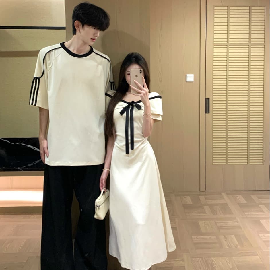 실사 프랑스식 품격 살구 색상 여성 드레스 여름 나비 매듭 허리 수축 한 마디 롱 스커트 커플룩 이미지 5