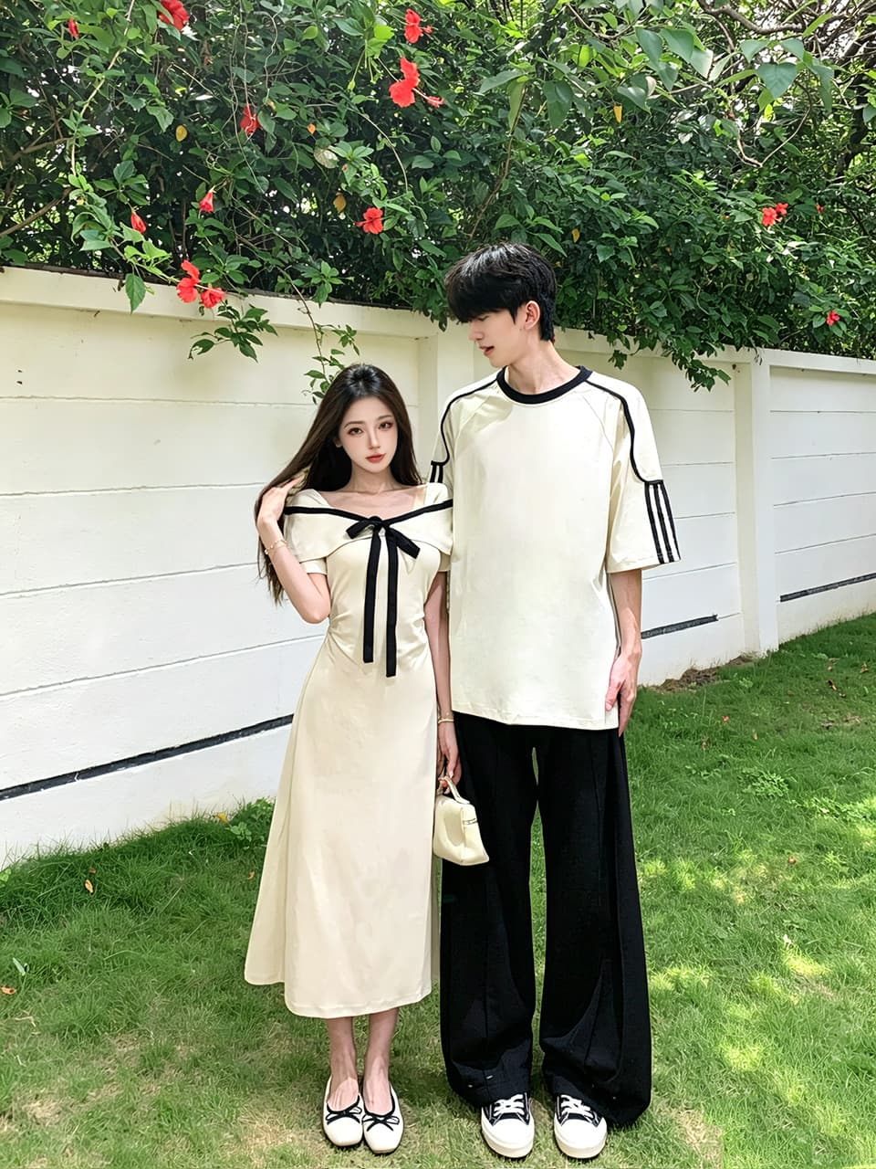실사 프랑스식 품격 살구 색상 여성 드레스 여름 나비 매듭 허리 수축 한 마디 롱 스커트 커플룩 상세 이미지 4