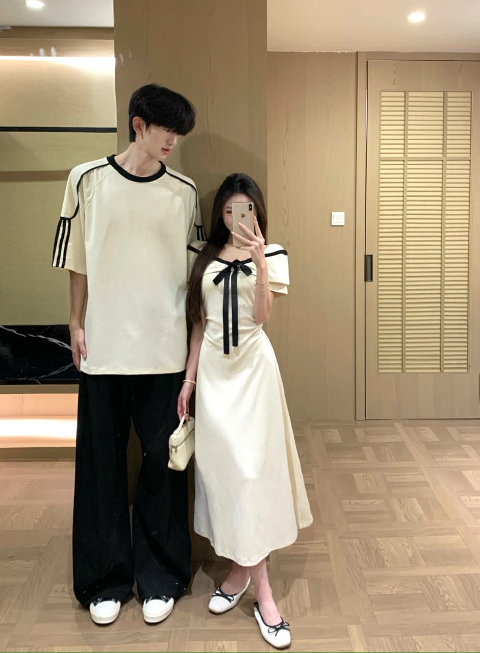 실사 프랑스식 품격 살구 색상 여성 드레스 여름 나비 매듭 허리 수축 한 마디 롱 스커트 커플룩 상세 이미지 5