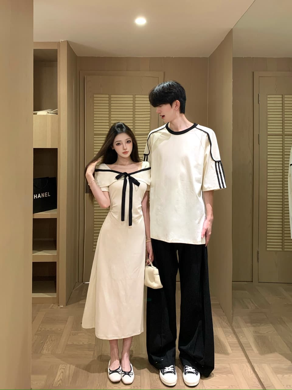 실사 프랑스식 품격 살구 색상 여성 드레스 여름 나비 매듭 허리 수축 한 마디 롱 스커트 커플룩 상세 이미지 8
