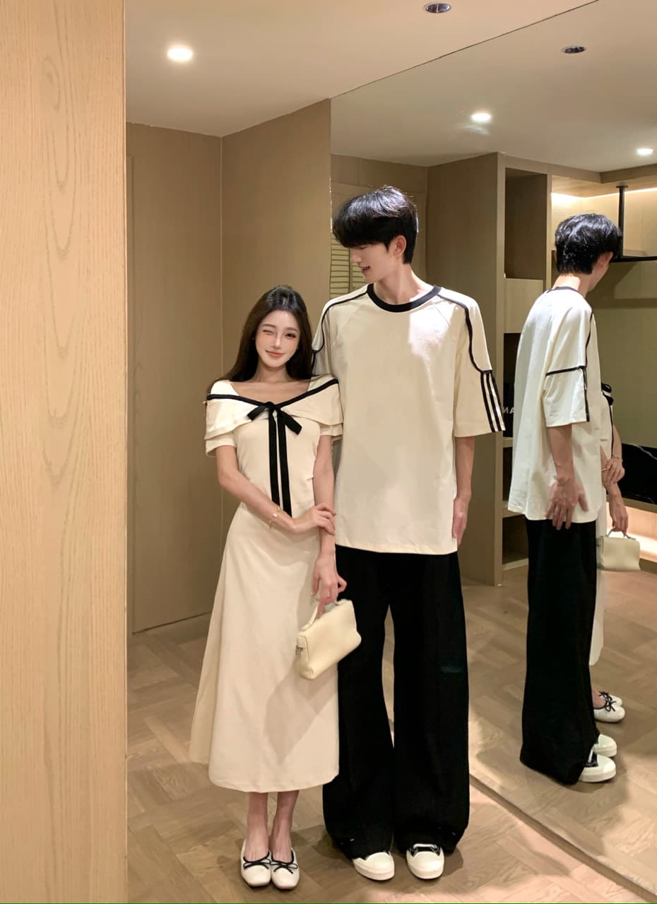 실사 프랑스식 품격 살구 색상 여성 드레스 여름 나비 매듭 허리 수축 한 마디 롱 스커트 커플룩 이미지 4