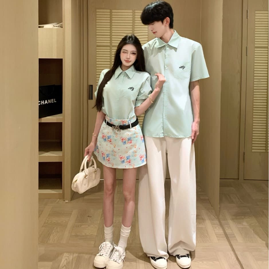 실사 여름 ootd 전체 집합 한 부서 착용 가져 가라. 셔츠 작은 키 셔츠 유화 프린트 미니 스커트 커플룩 이미지 5