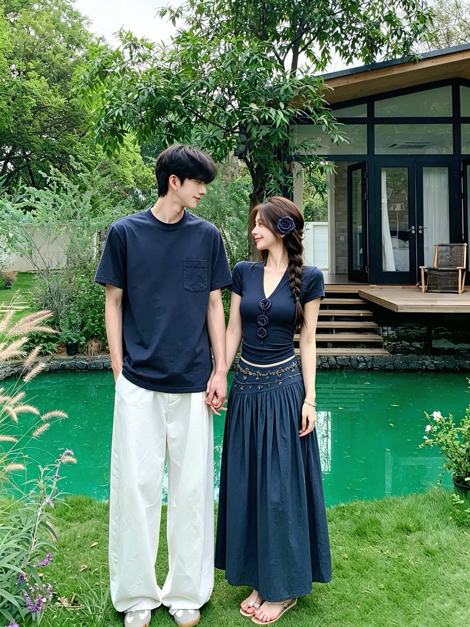 실사 여름 3 차원 꽃 V넥 반팔 맨위 무거운 작업 핫픽스 반신 스커트 레트로 롱 스커트 세트 커플룩