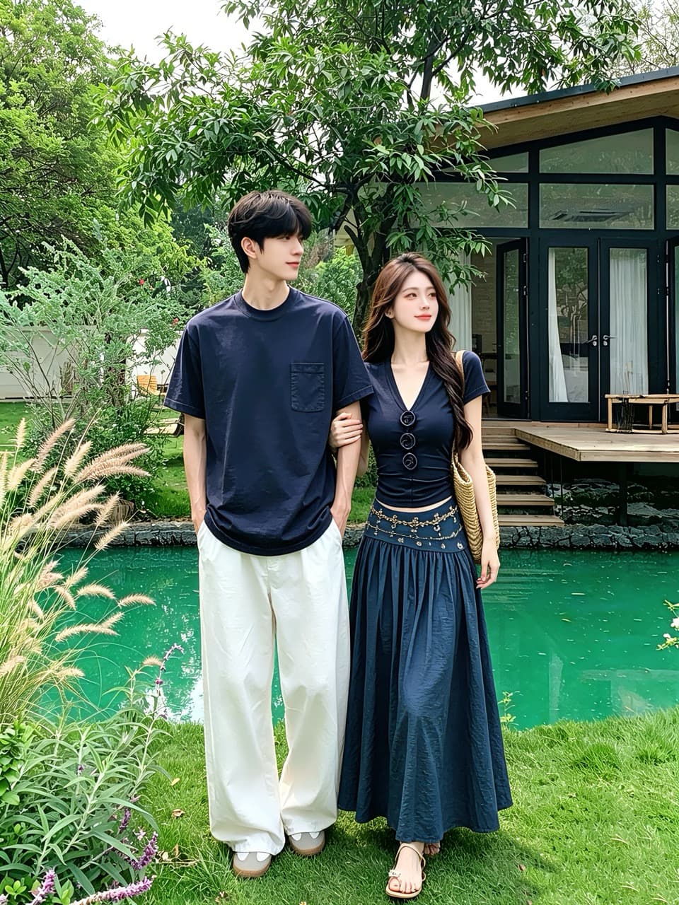 실사 여름 3 차원 꽃 V넥 반팔 맨위 무거운 작업 핫픽스 반신 스커트 레트로 롱 스커트 세트 커플룩 이미지 4