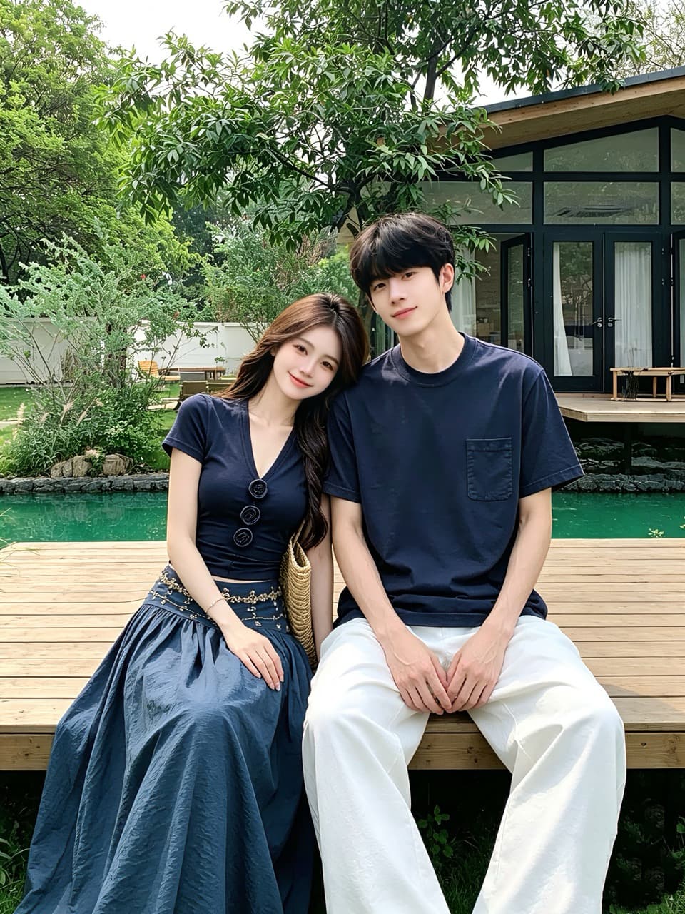 실사 여름 3 차원 꽃 V넥 반팔 맨위 무거운 작업 핫픽스 반신 스커트 레트로 롱 스커트 세트 커플룩 상세 이미지 5