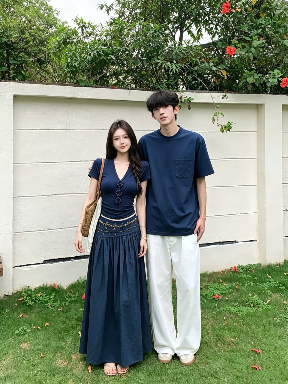 실사 여름 3 차원 꽃 V넥 반팔 맨위 무거운 작업 핫픽스 반신 스커트 레트로 롱 스커트 세트 커플룩 상세 이미지 6