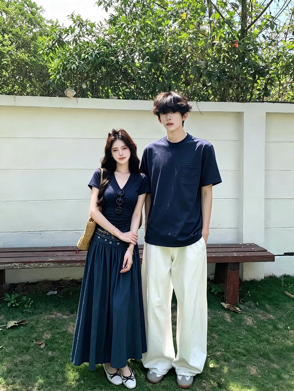 실사 여름 3 차원 꽃 V넥 반팔 맨위 무거운 작업 핫픽스 반신 스커트 레트로 롱 스커트 세트 커플룩 상세 이미지 7