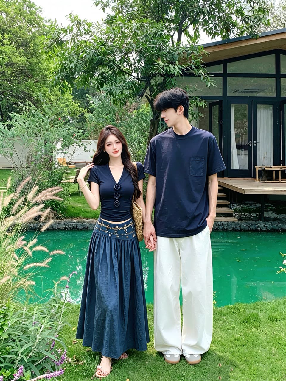 실사 여름 3 차원 꽃 V넥 반팔 맨위 무거운 작업 핫픽스 반신 스커트 레트로 롱 스커트 세트 커플룩 상세 이미지 8