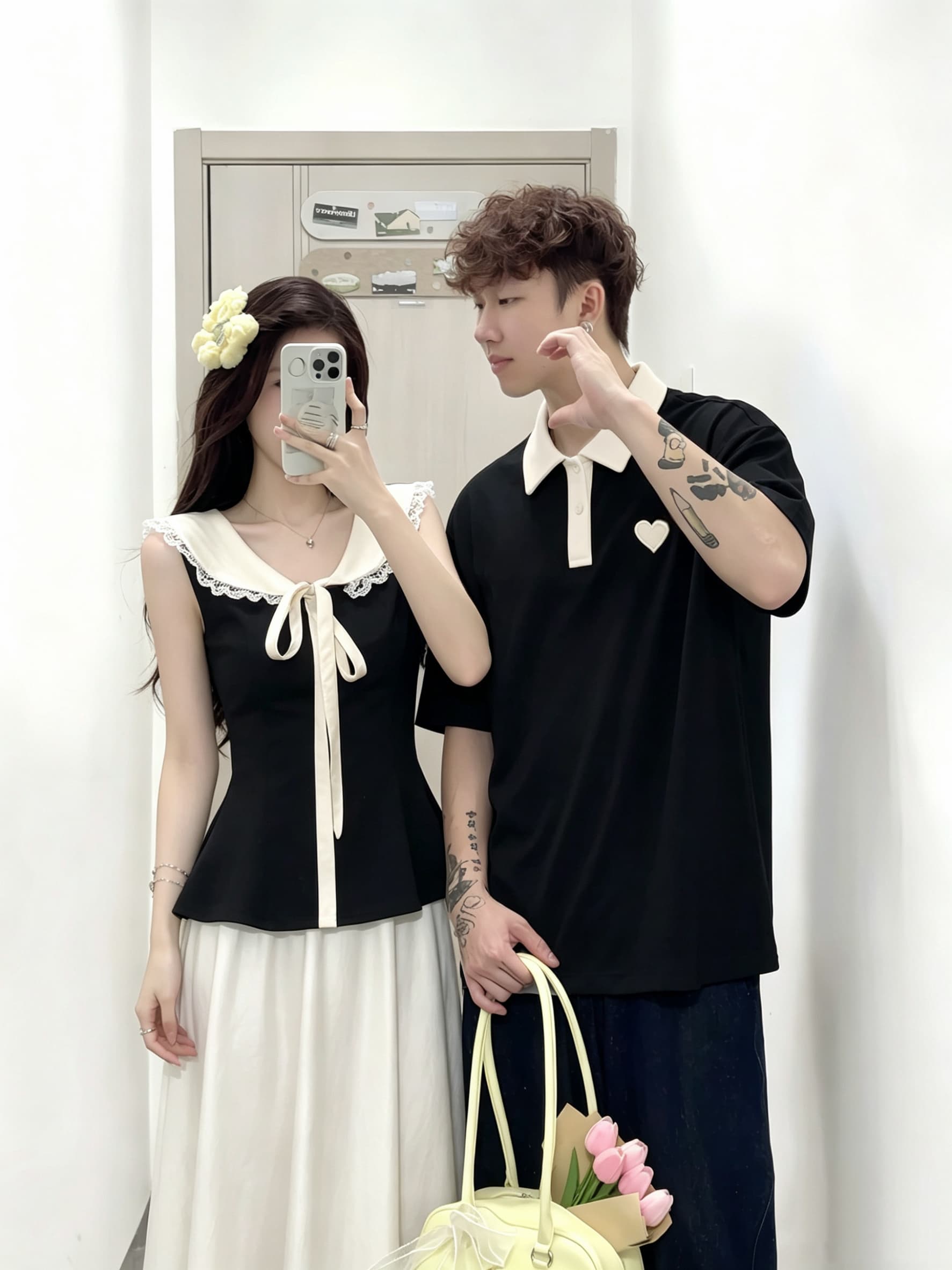 실사 프랑스식 레트로 스타일 민소매 폴로 칼라 레이스 레이스 배색 허리 수축 맨위 새틴 반신 스커트 여름 커플룩 이미지 2