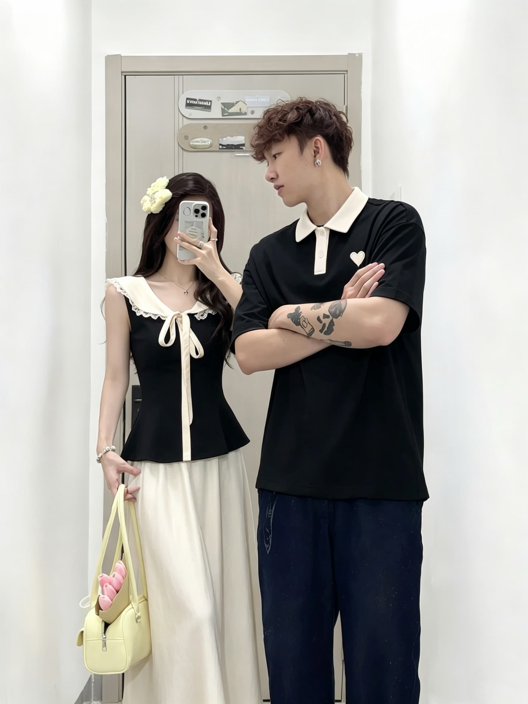 실사 프랑스식 레트로 스타일 민소매 폴로 칼라 레이스 레이스 배색 허리 수축 맨위 새틴 반신 스커트 여름 커플룩 상세 이미지 4