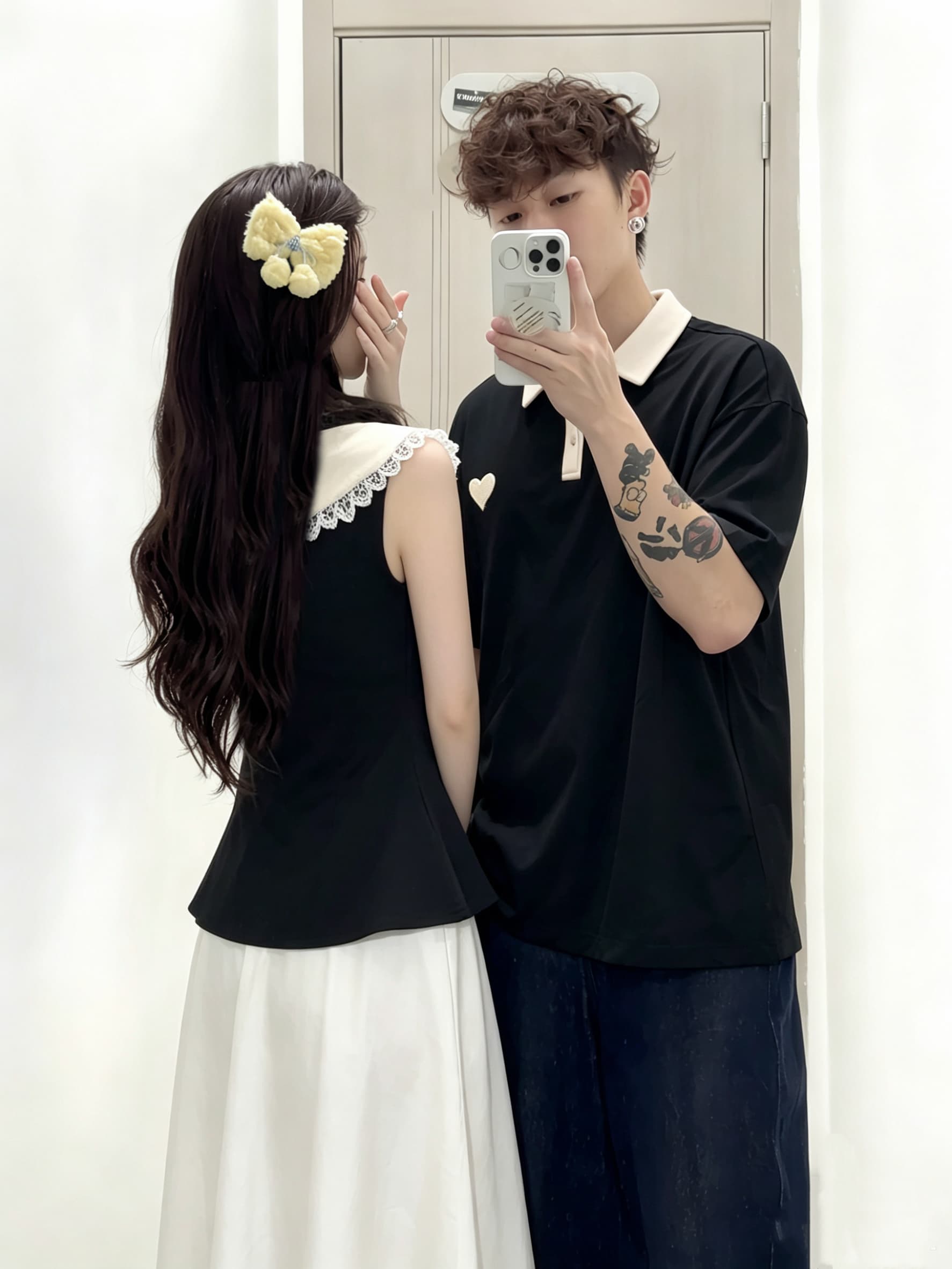 실사 프랑스식 레트로 스타일 민소매 폴로 칼라 레이스 레이스 배색 허리 수축 맨위 새틴 반신 스커트 여름 커플룩 상세 이미지 5