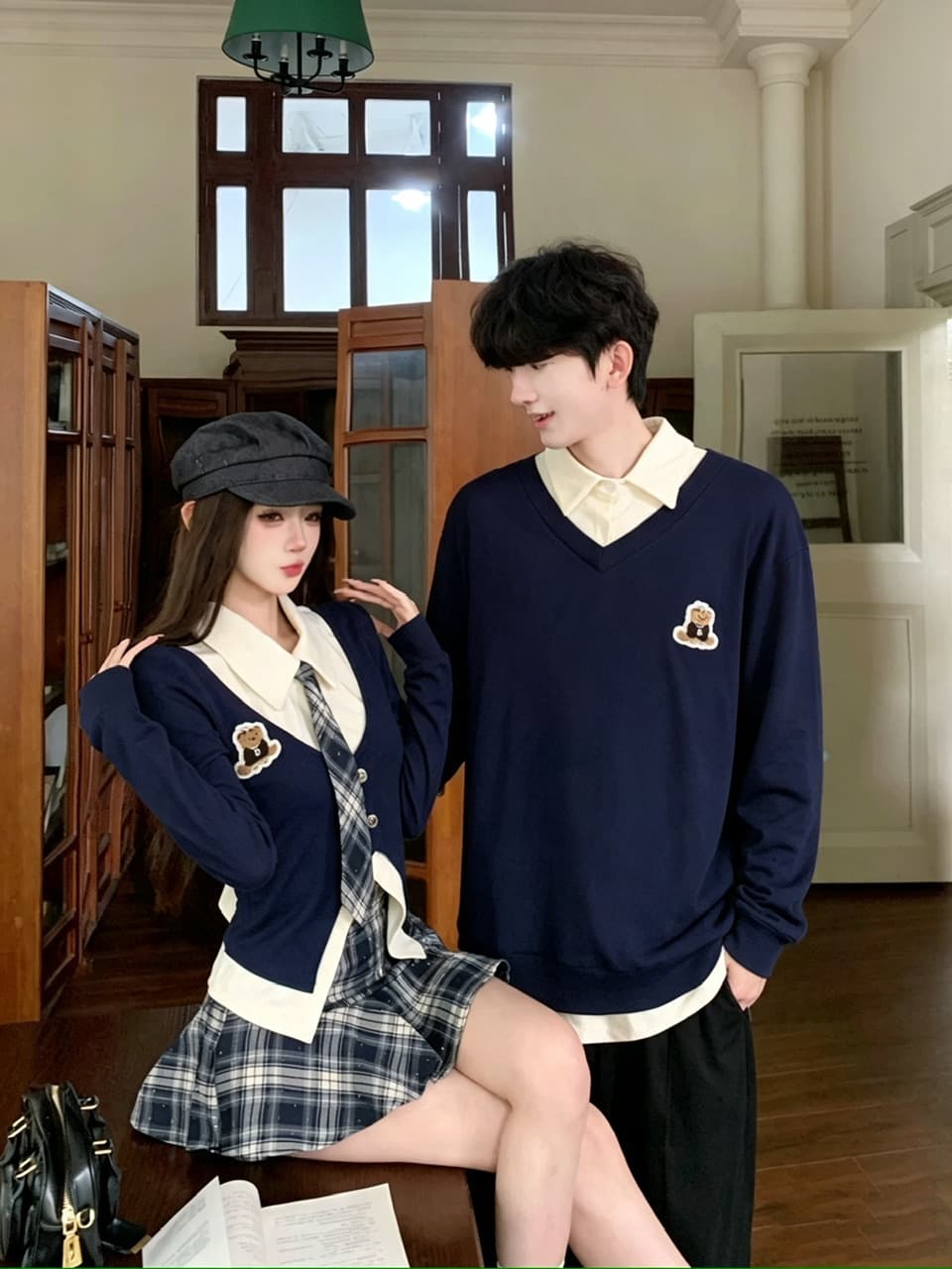 실사 학원 스타일 jk 유니폼 세트 핫걸 배색 페이크 레이어드 넥타이 맨위 긴팔 세트 커플룩 상세 이미지 3