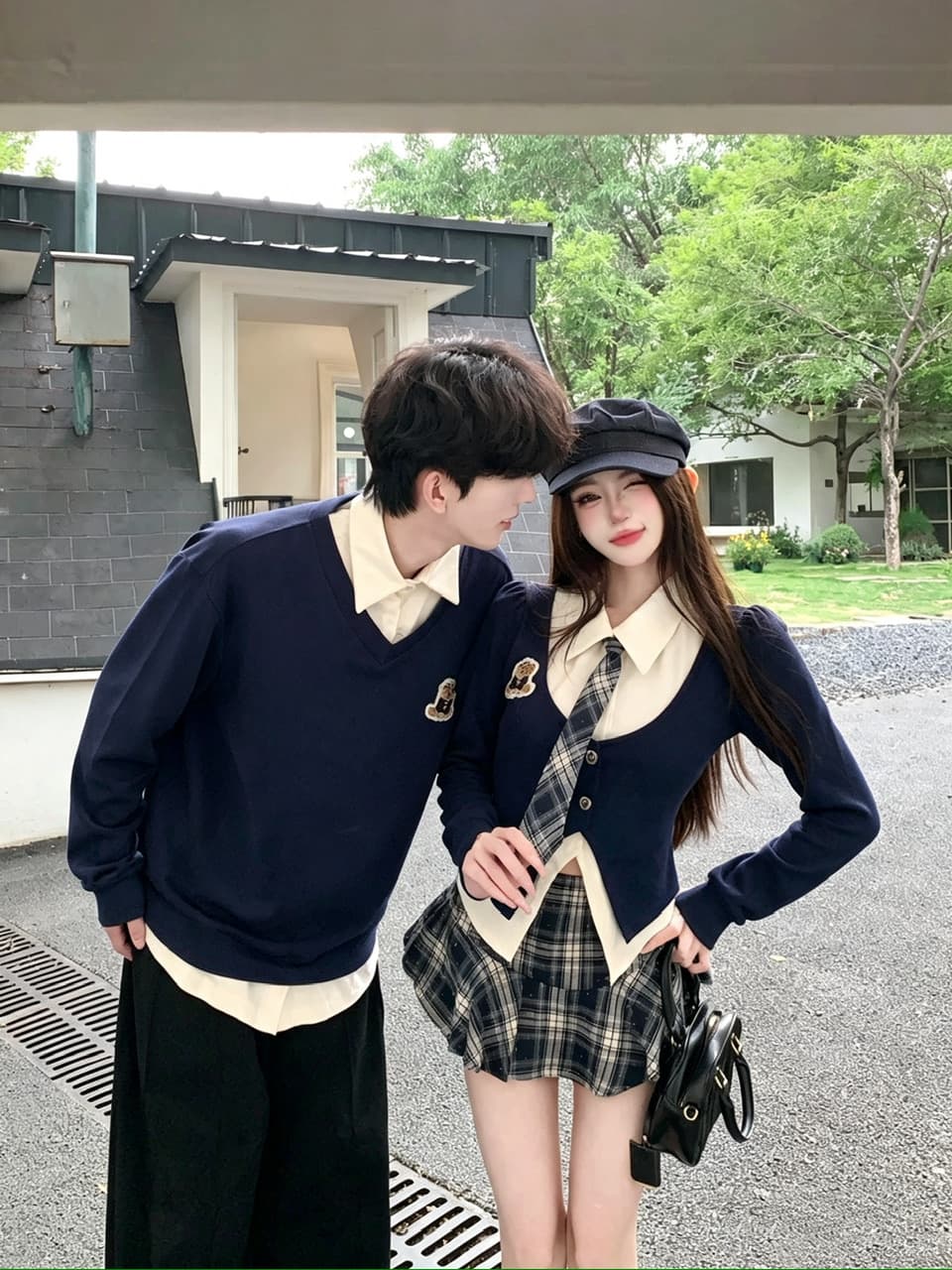실사 학원 스타일 jk 유니폼 세트 핫걸 배색 페이크 레이어드 넥타이 맨위 긴팔 세트 커플룩 상세 이미지 4