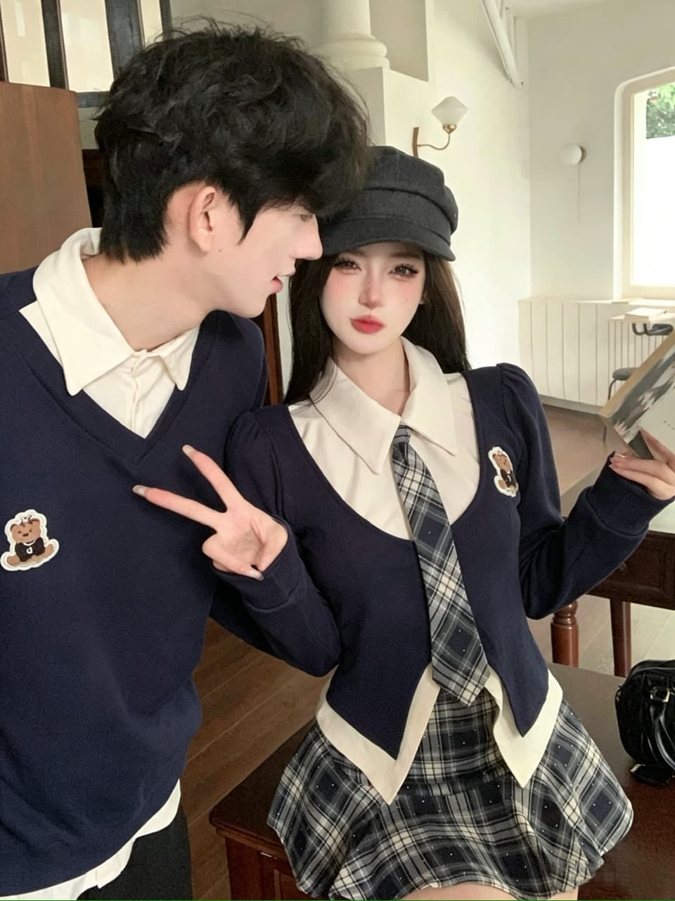 실사 학원 스타일 jk 유니폼 세트 핫걸 배색 페이크 레이어드 넥타이 맨위 긴팔 세트 커플룩 이미지 5