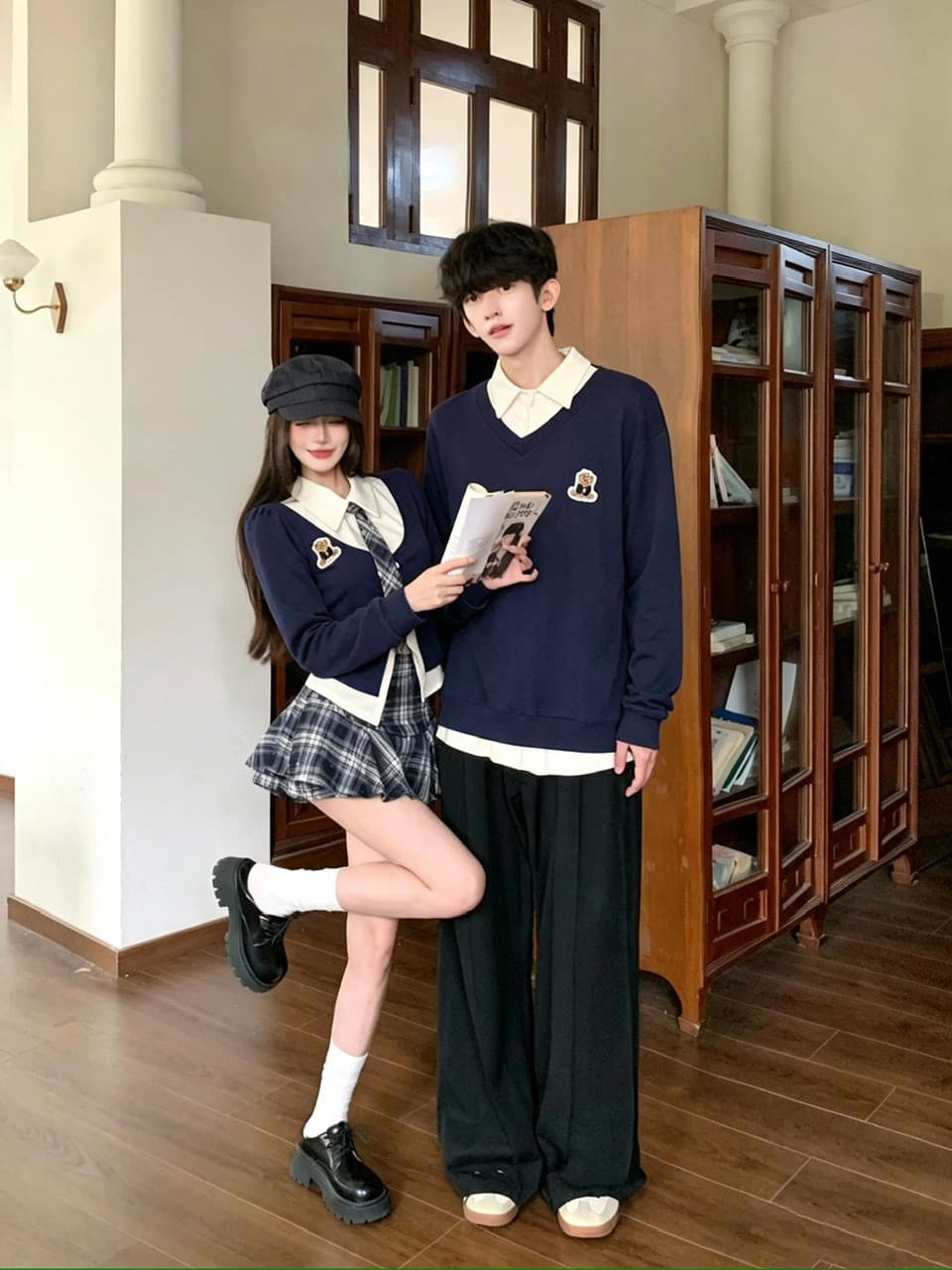 실사 학원 스타일 jk 유니폼 세트 핫걸 배색 페이크 레이어드 넥타이 맨위 긴팔 세트 커플룩 이미지 3