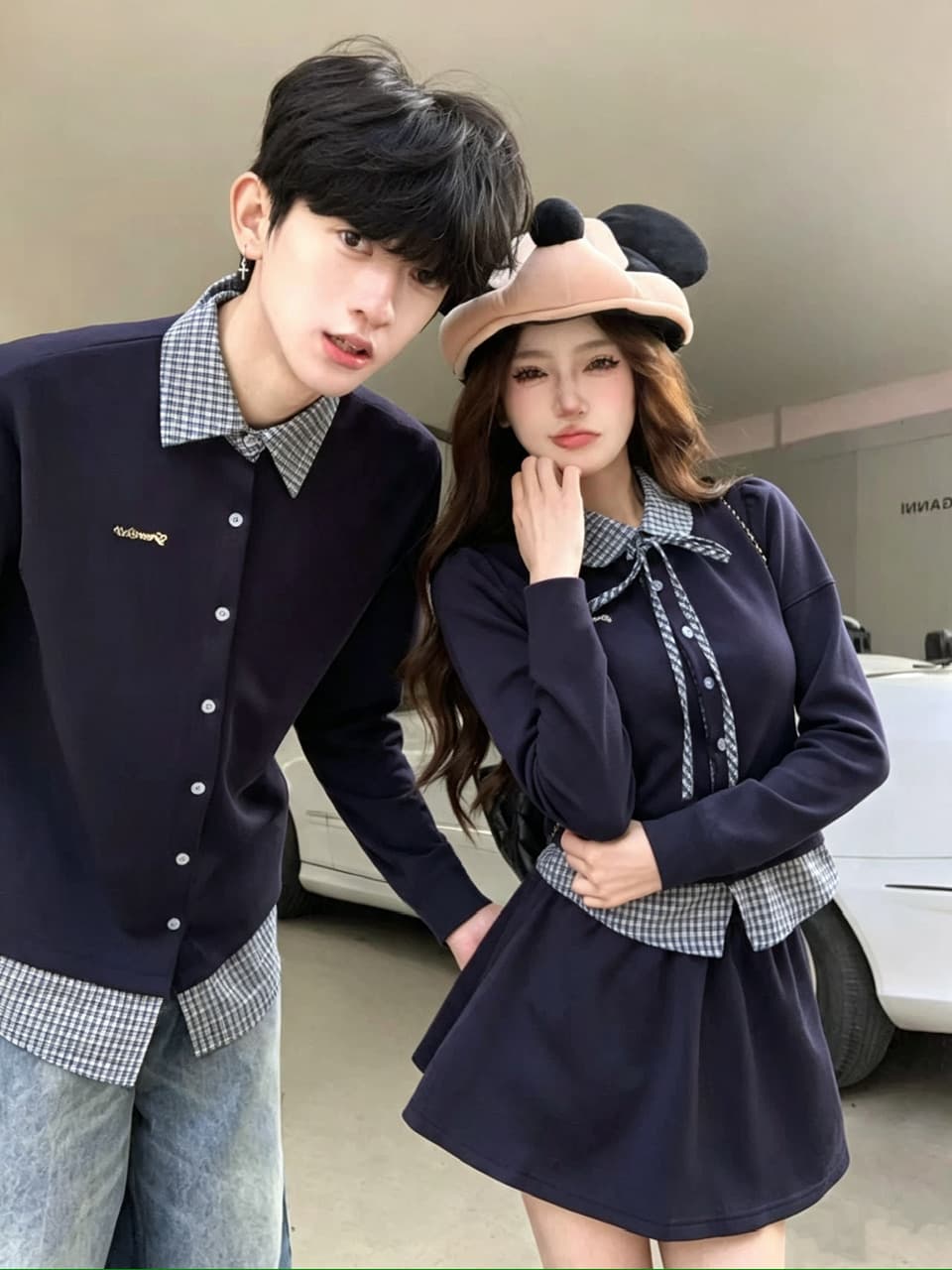 실사 가을 페이크 레이어드 셔츠 칼라 후드티 패치워크 POLO 셔츠 보온 맨위 커플 세트 이미지 5