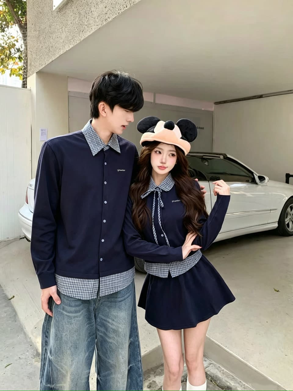 실사 가을 페이크 레이어드 셔츠 칼라 후드티 패치워크 POLO 셔츠 보온 맨위 커플 세트 이미지 2
