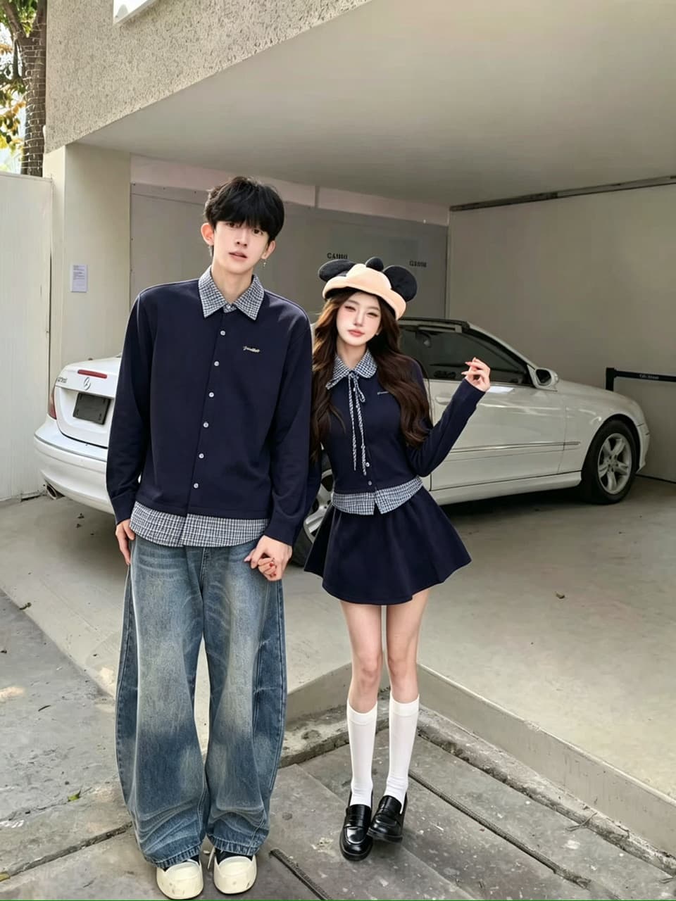 실사 가을 페이크 레이어드 셔츠 칼라 후드티 패치워크 POLO 셔츠 보온 맨위 커플 세트 이미지 4