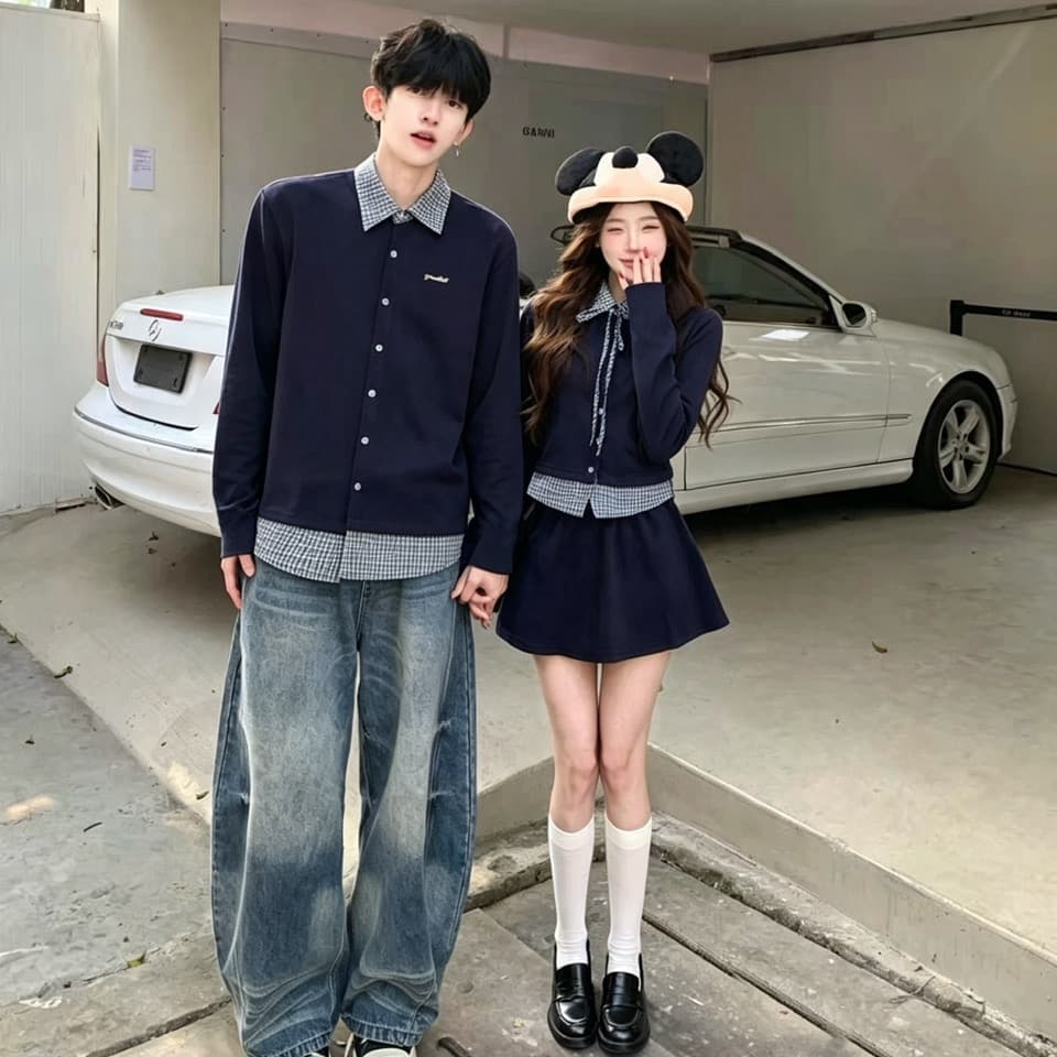 실사 가을 페이크 레이어드 셔츠 칼라 후드티 패치워크 POLO 셔츠 보온 맨위 커플 세트 이미지 6