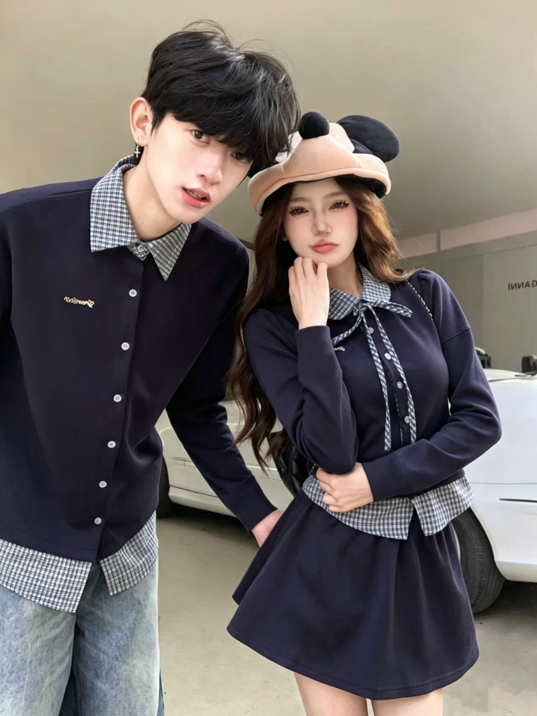 실사 가을 페이크 레이어드 셔츠 칼라 후드티 패치워크 POLO 셔츠 보온 맨위 커플 세트 상세 이미지 3