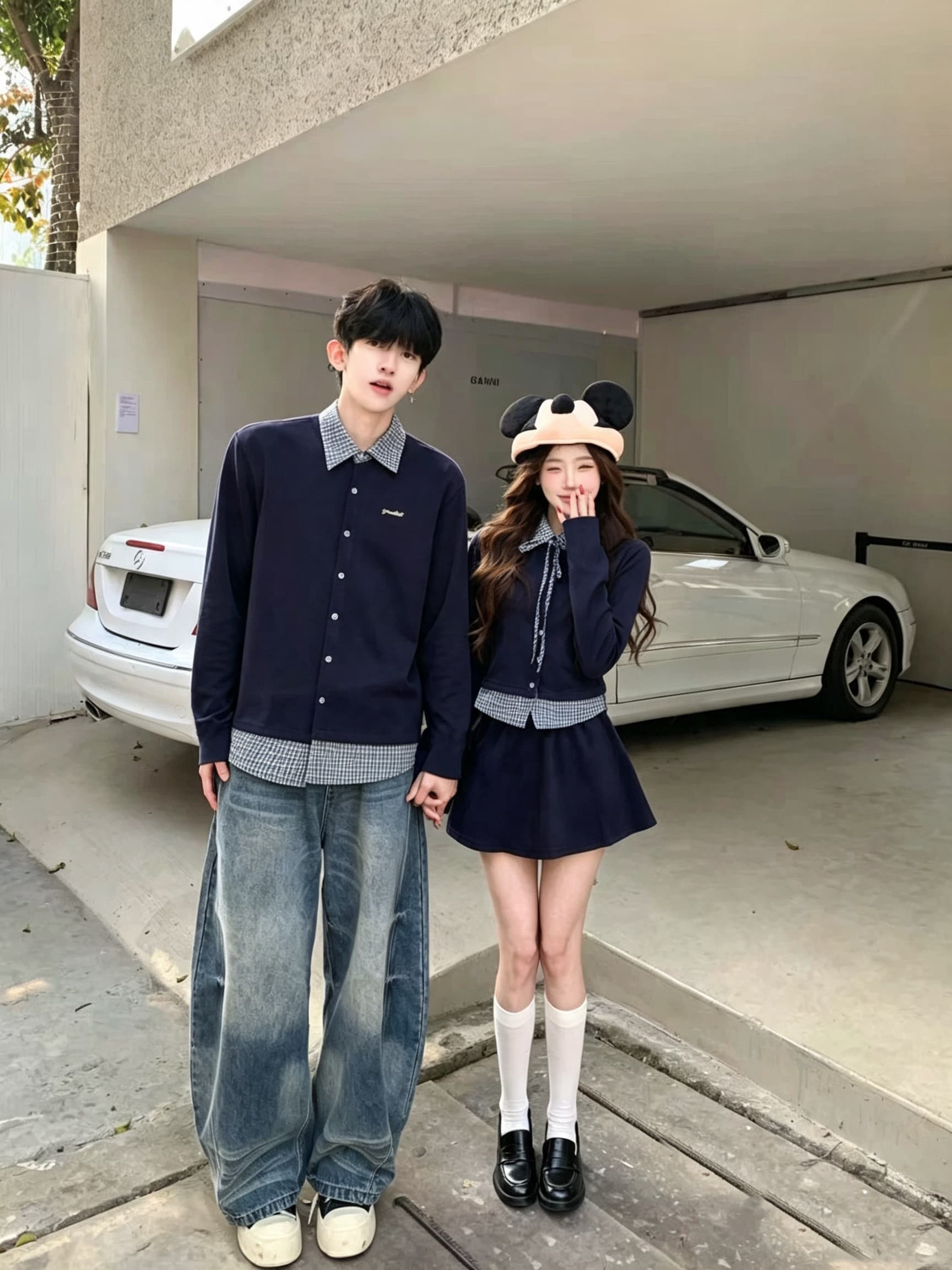실사 가을 페이크 레이어드 셔츠 칼라 후드티 패치워크 POLO 셔츠 보온 맨위 커플 세트 상세 이미지 4