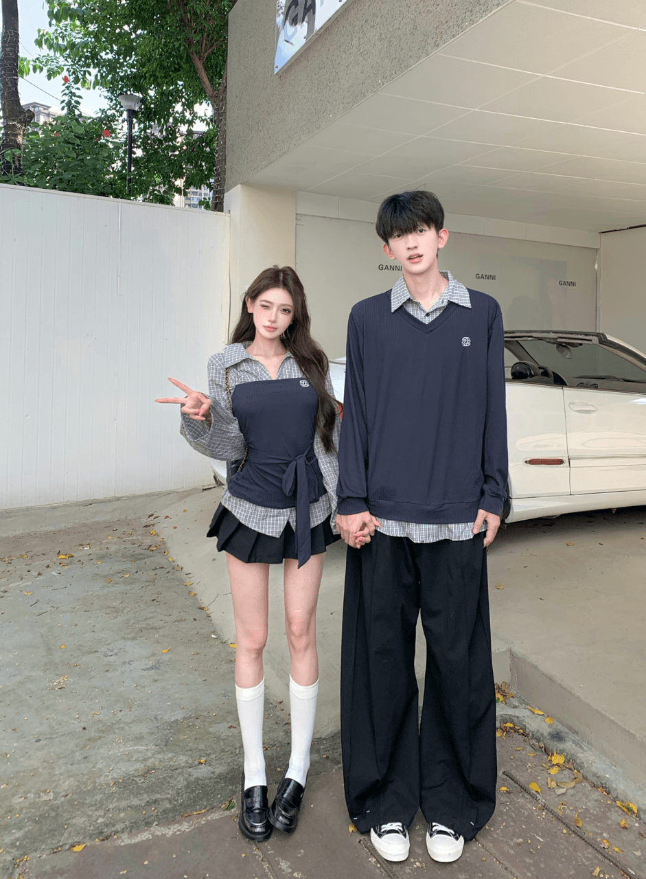 실사 이른 가을 ootd 캐주얼 착용 가져 가라. 디자인 센스 패치워크 페이크 레이어드 셔츠 커플룩 이미지 3