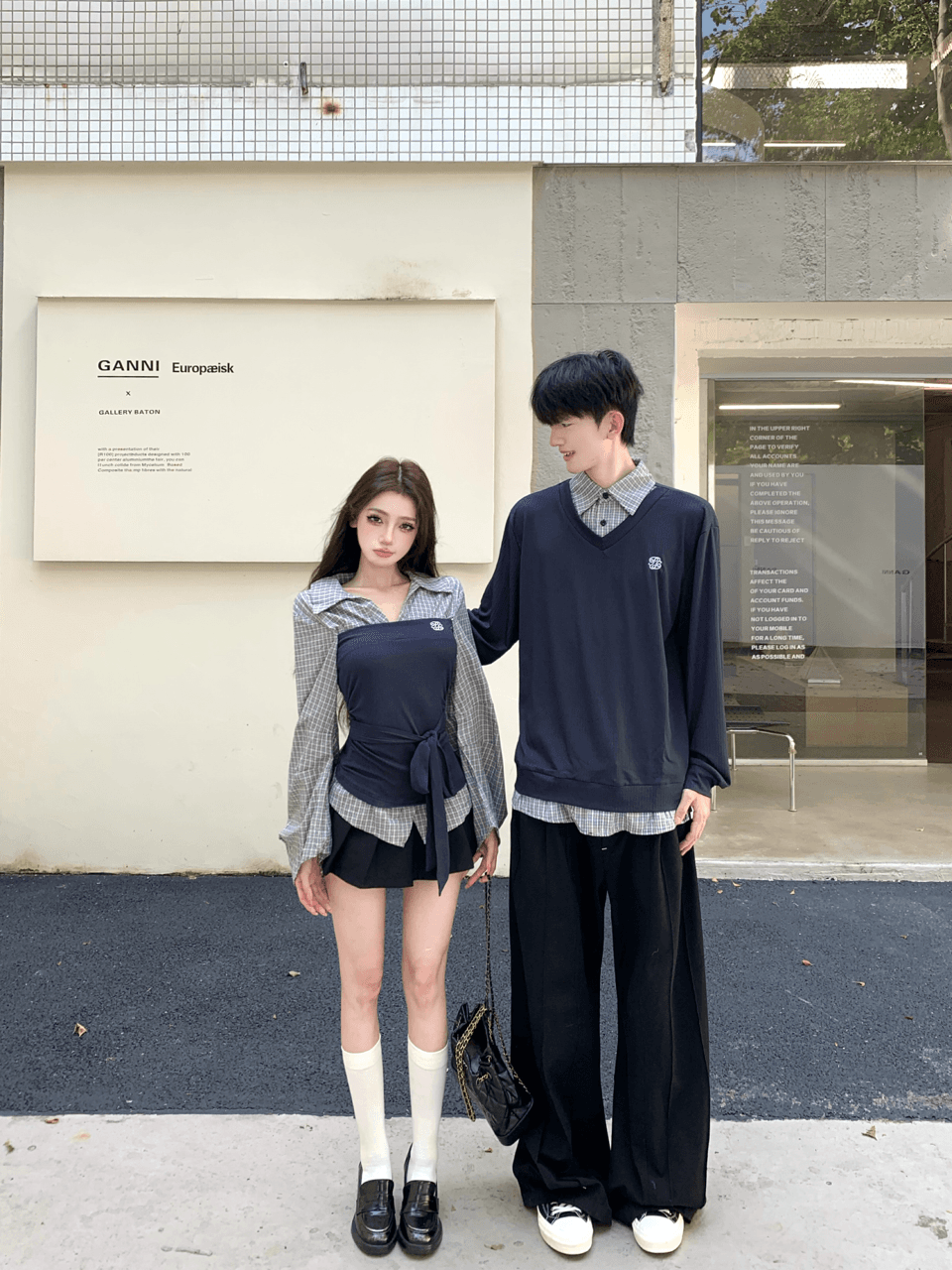 실사 이른 가을 ootd 캐주얼 착용 가져 가라. 디자인 센스 패치워크 페이크 레이어드 셔츠 커플룩 상세 이미지 4