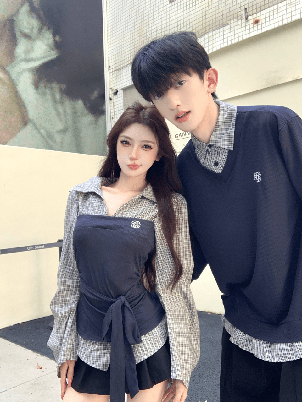 실사 이른 가을 ootd 캐주얼 착용 가져 가라. 디자인 센스 패치워크 페이크 레이어드 셔츠 커플룩 상세 이미지 5