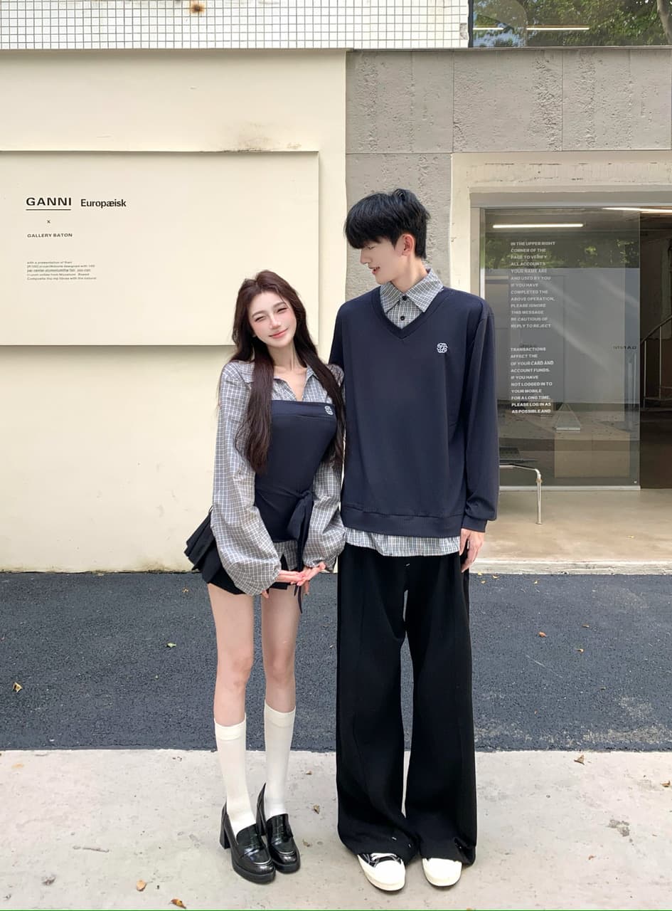 실사 이른 가을 ootd 캐주얼 착용 가져 가라. 디자인 센스 패치워크 페이크 레이어드 셔츠 커플룩 상세 이미지 8