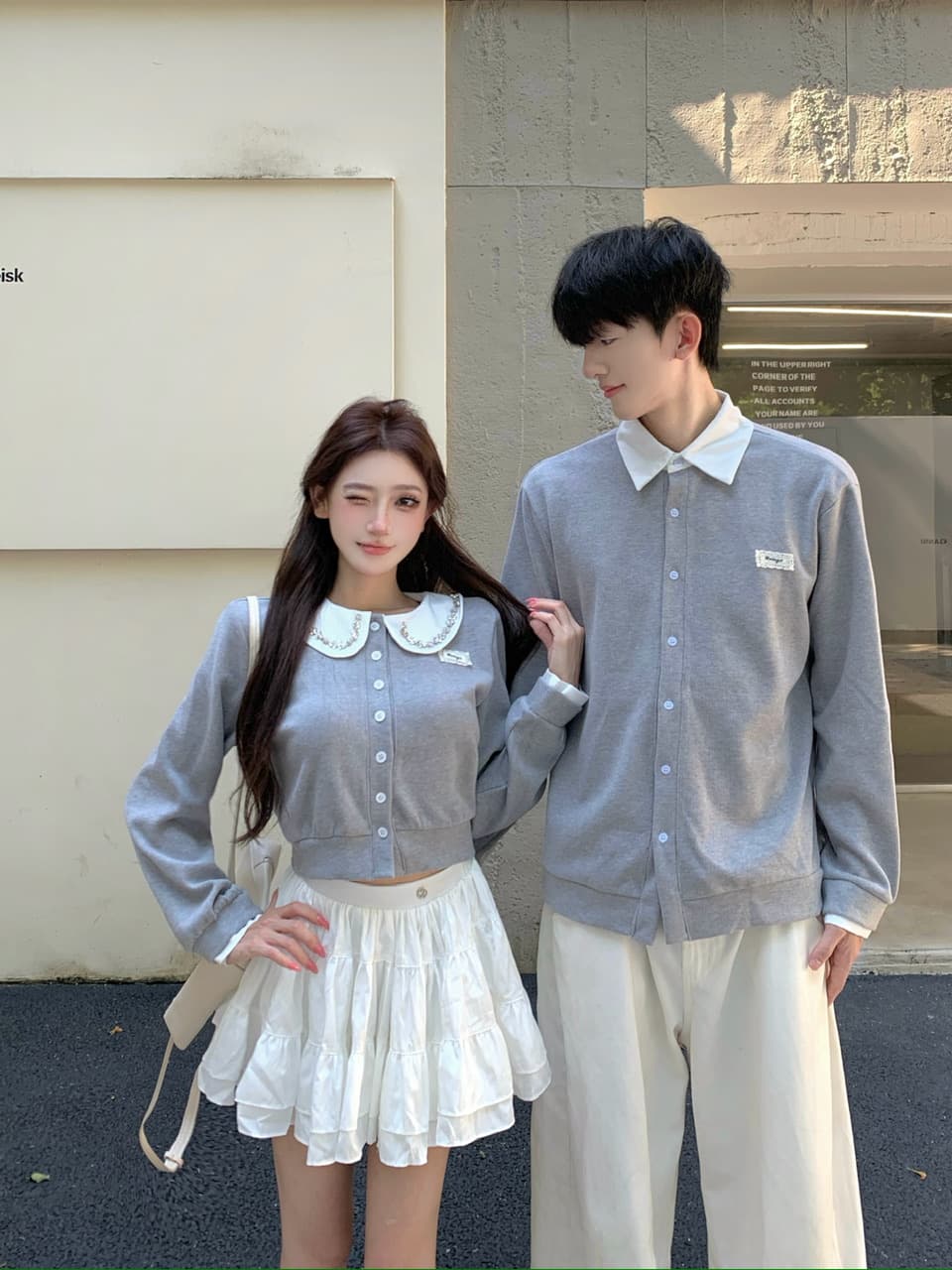 실사 부유 한 가족 천 골드 miu 부서 학원 스타일 세트 베이비 칼라 오픈 가디건 퍼프 치마 투피스 세트 커플룩 상세 이미지 1