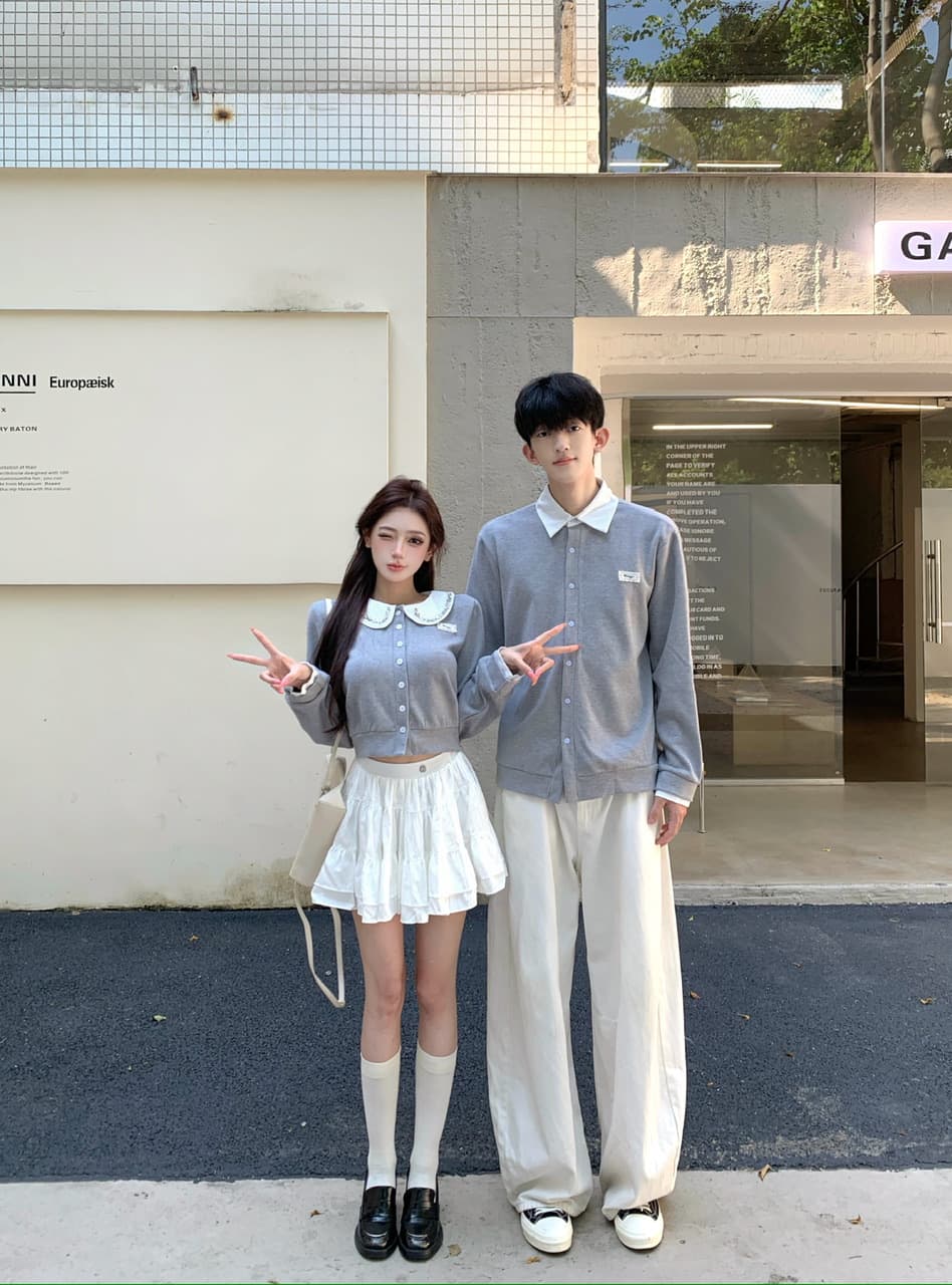 실사 부유 한 가족 천 골드 miu 부서 학원 스타일 세트 베이비 칼라 오픈 가디건 퍼프 치마 투피스 세트 커플룩 상세 이미지 3