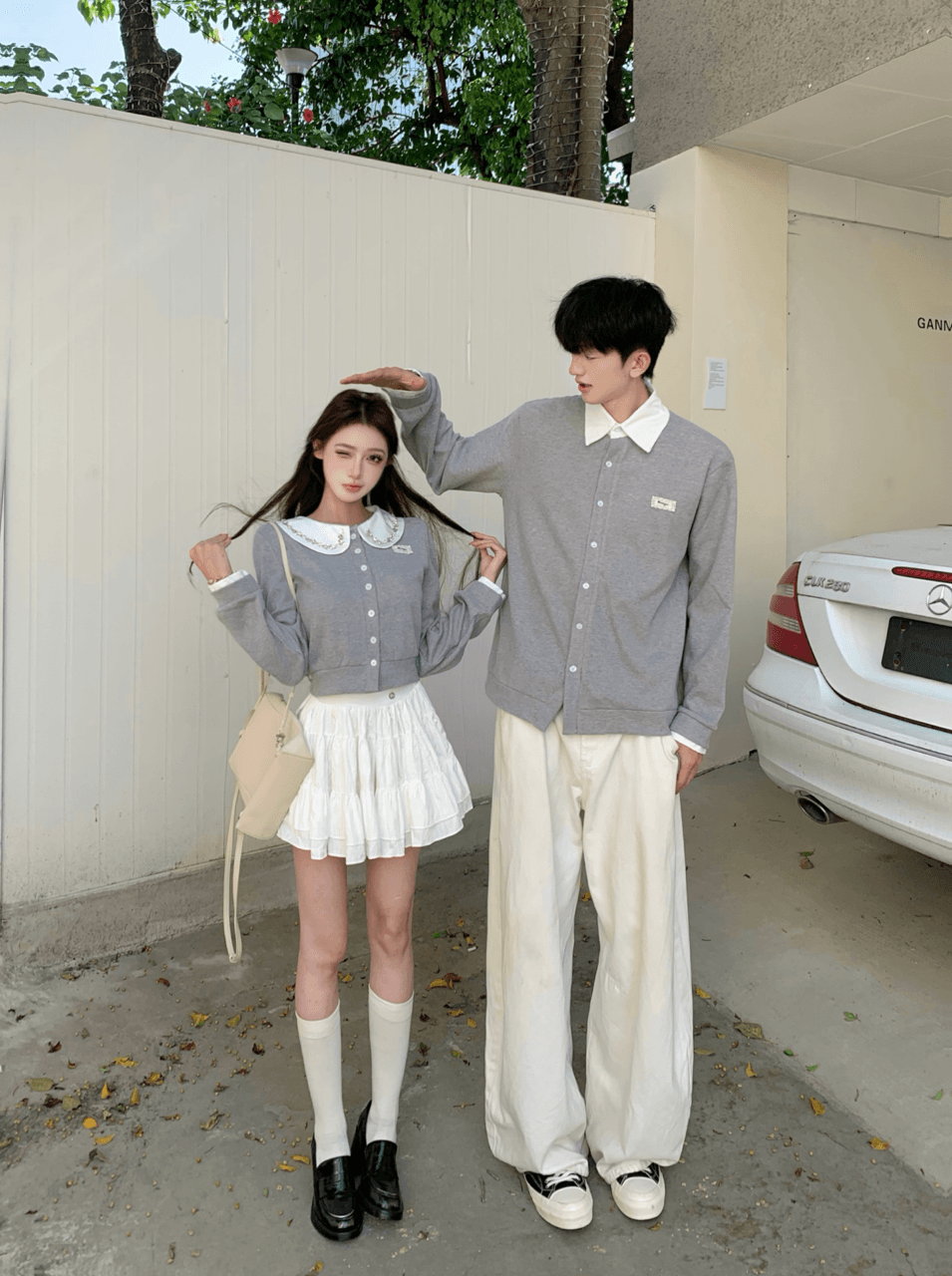 실사 부유 한 가족 천 골드 miu 부서 학원 스타일 세트 베이비 칼라 오픈 가디건 퍼프 치마 투피스 세트 커플룩 상세 이미지 5