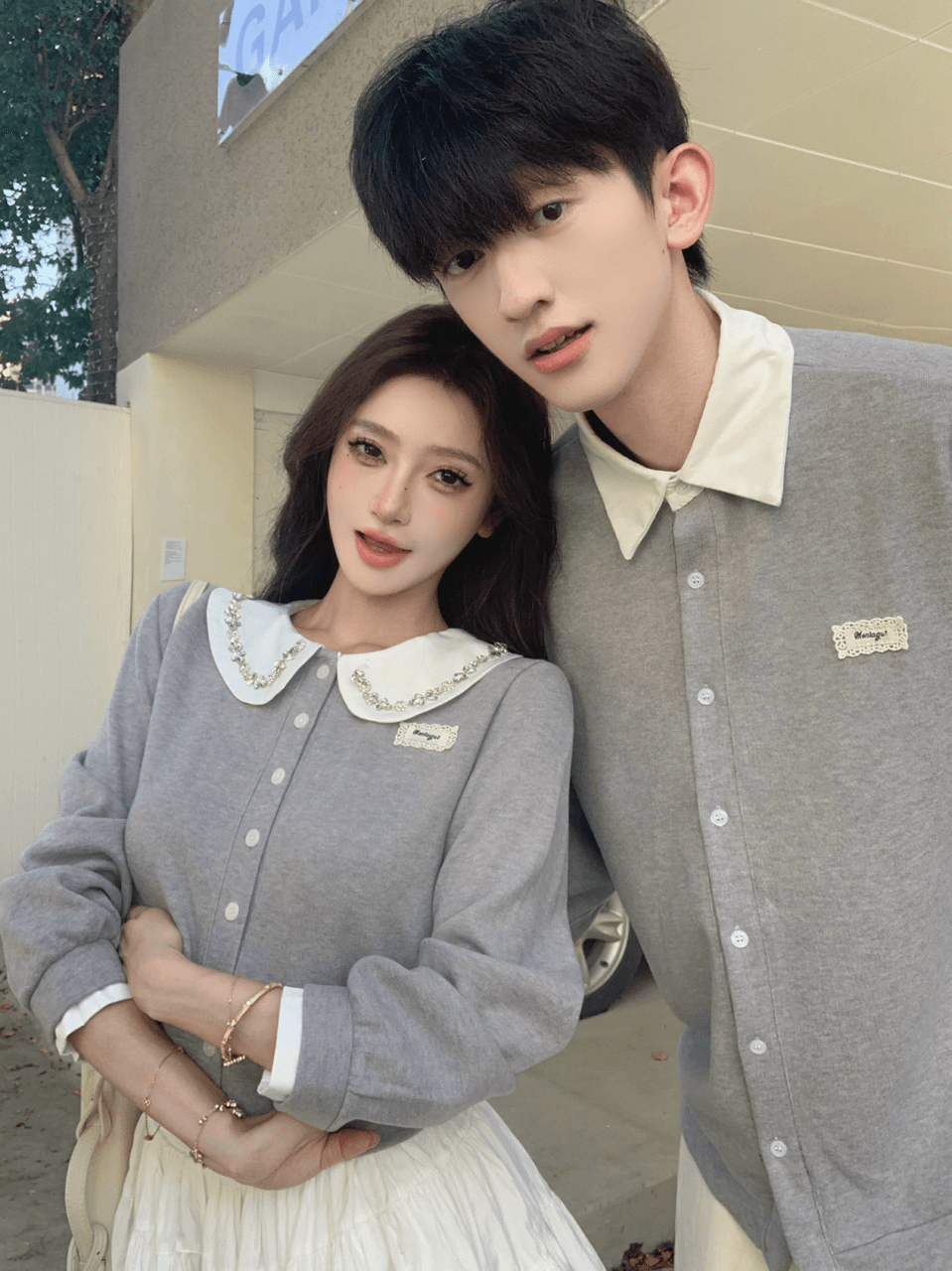 실사 부유 한 가족 천 골드 miu 부서 학원 스타일 세트 베이비 칼라 오픈 가디건 퍼프 치마 투피스 세트 커플룩 상세 이미지 6