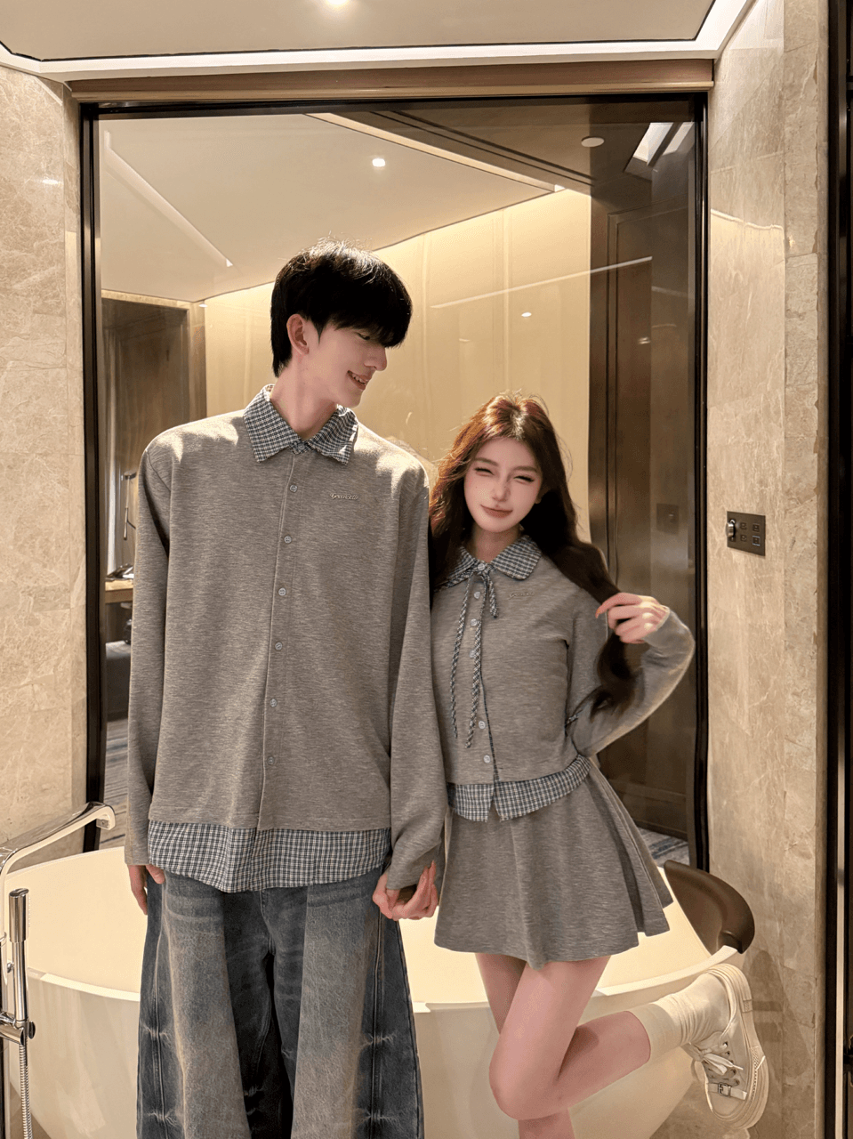 실사 한 부서 체크무늬 페이크 레이어드 긴팔 세트 여성 다용도 캐주얼 미니 스커트 투피스 세트 커플룩 이미지 4