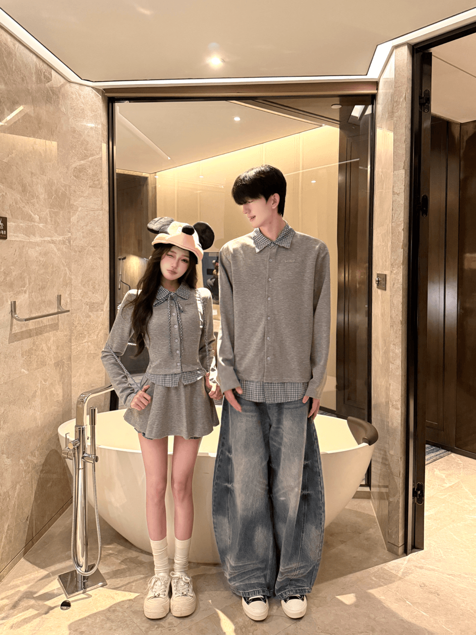 실사 한 부서 체크무늬 페이크 레이어드 긴팔 세트 여성 다용도 캐주얼 미니 스커트 투피스 세트 커플룩 이미지 2