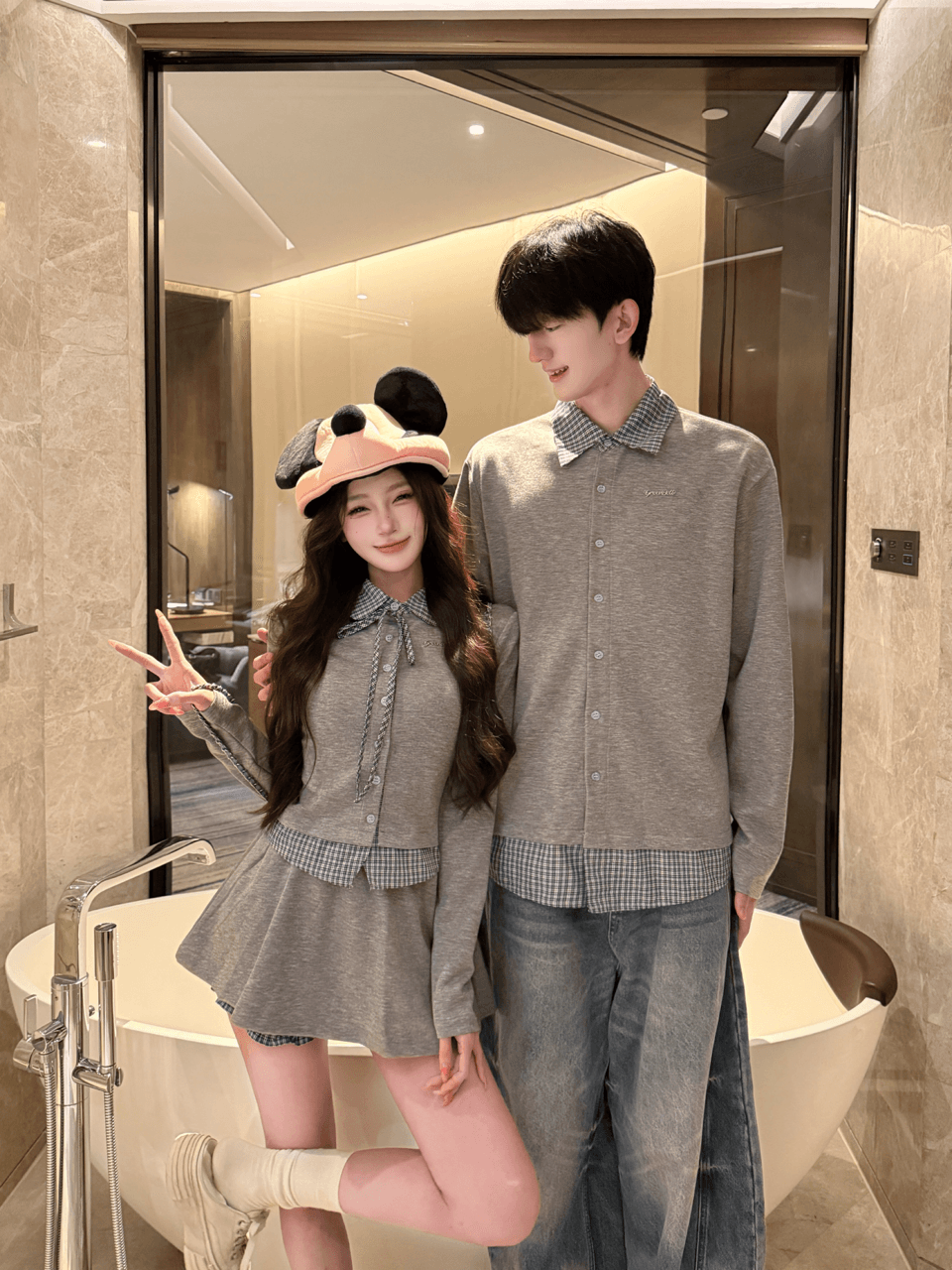 실사 한 부서 체크무늬 페이크 레이어드 긴팔 세트 여성 다용도 캐주얼 미니 스커트 투피스 세트 커플룩 상세 이미지 3