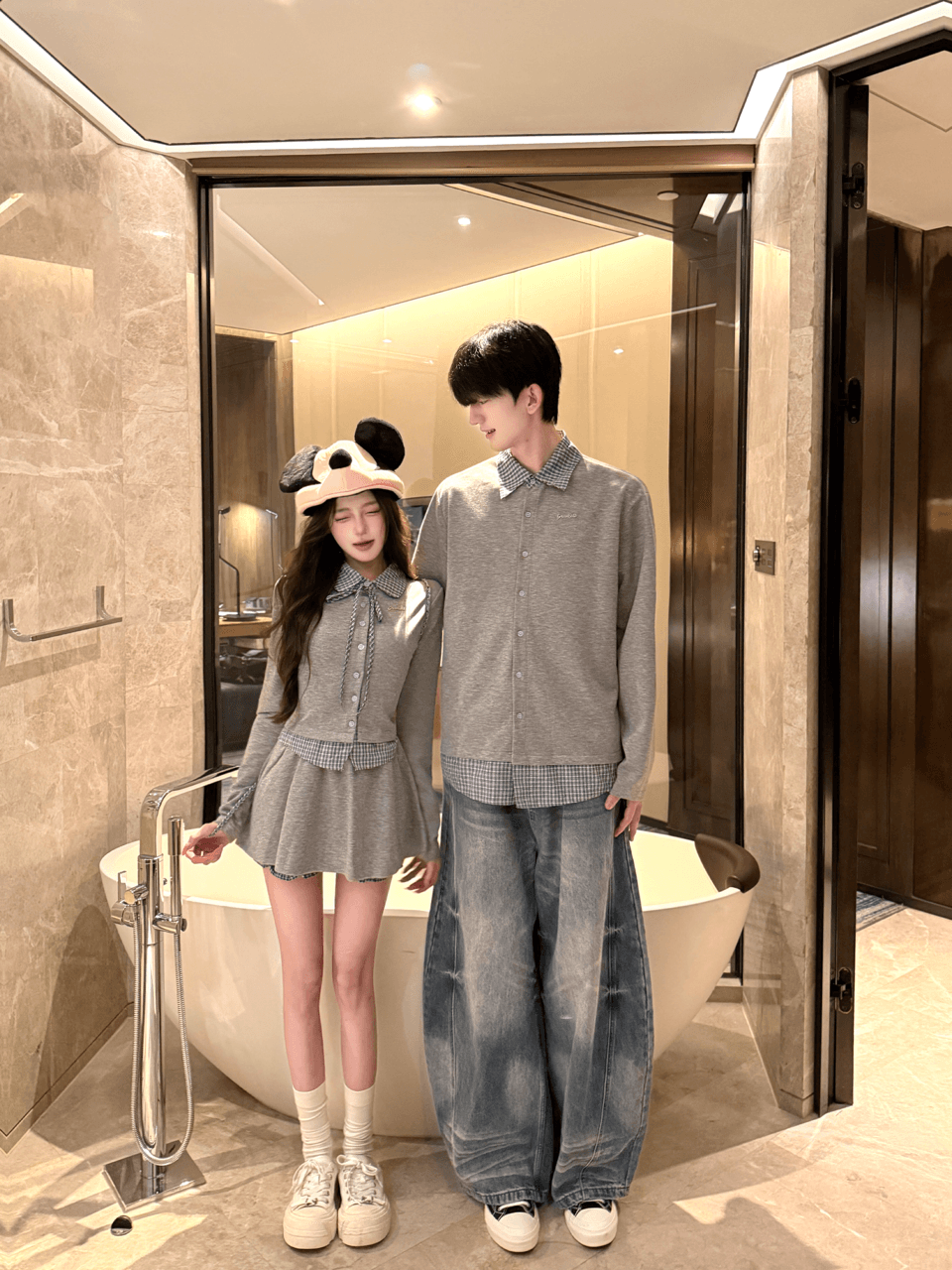 실사 한 부서 체크무늬 페이크 레이어드 긴팔 세트 여성 다용도 캐주얼 미니 스커트 투피스 세트 커플룩 상세 이미지 6